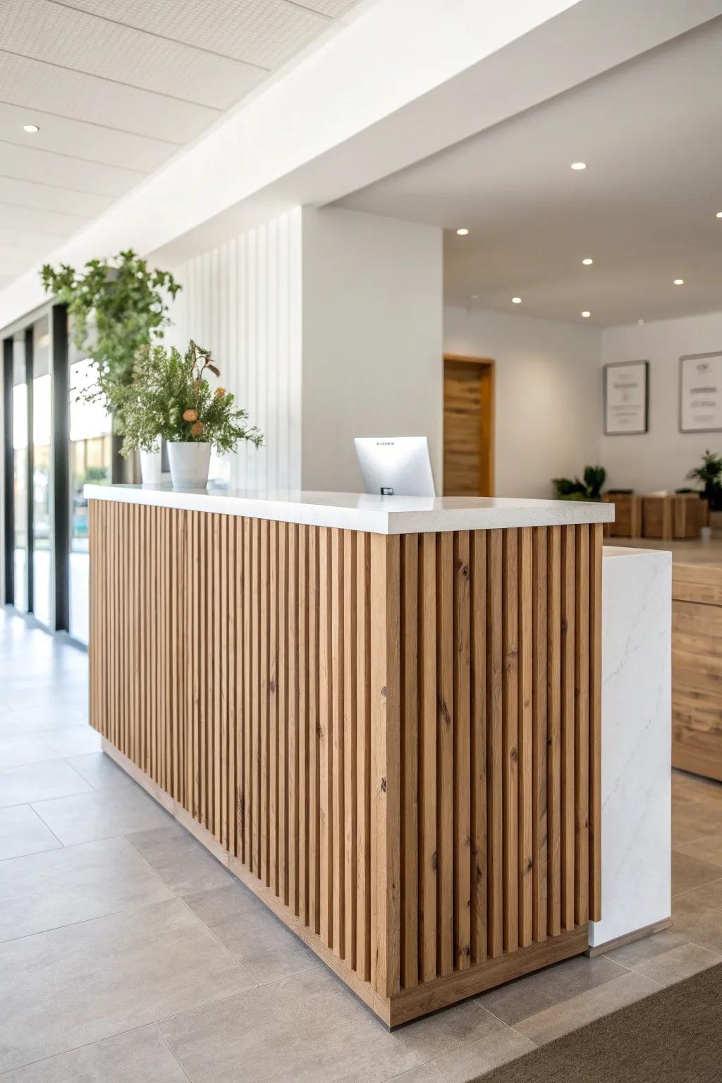 Wood-slat reception desk: instant lobby texture, handcrafted warmth, and minimalist polish.