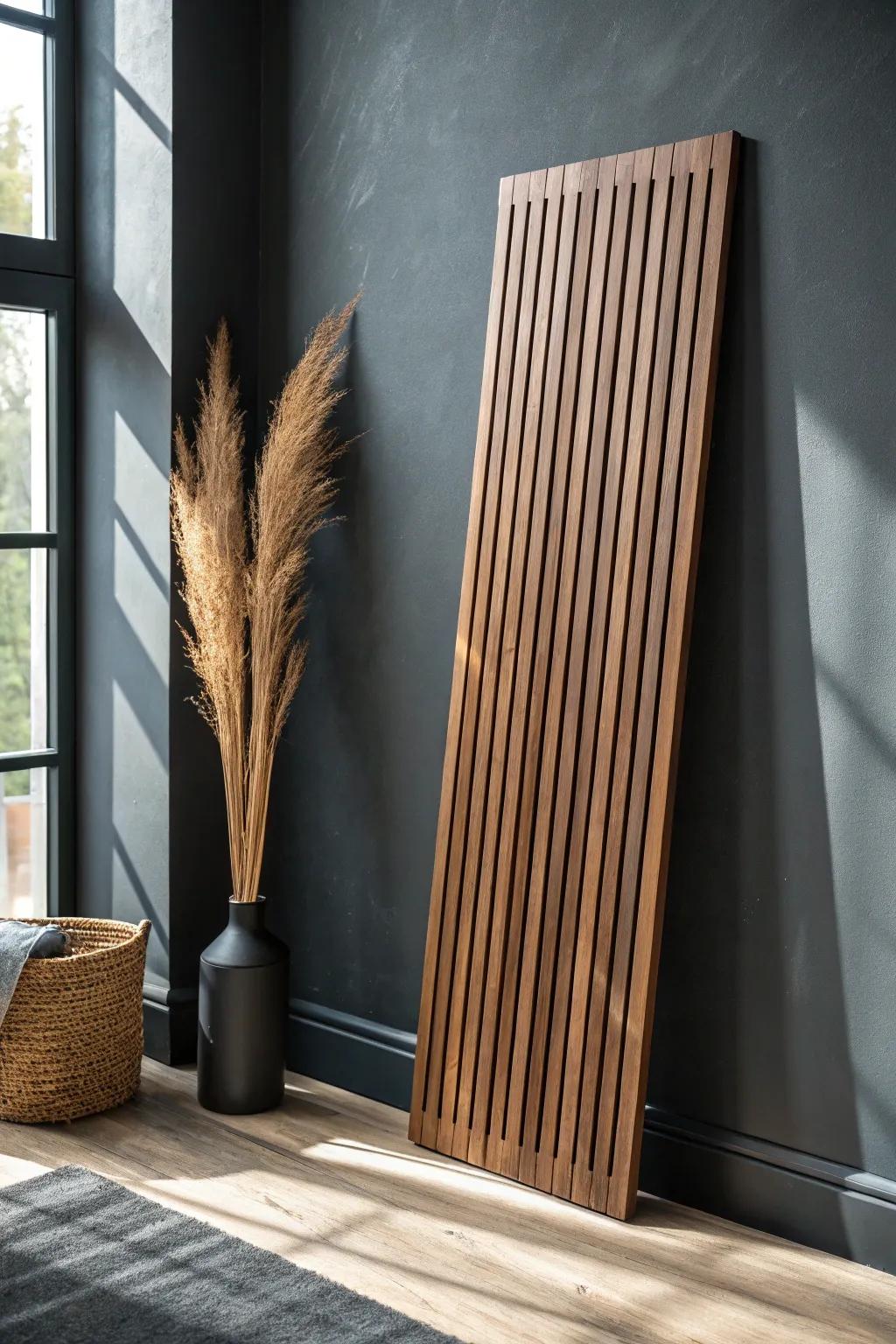 Bold statement wall vibes: deep charcoal + handcrafted wood slats for a finished office look.