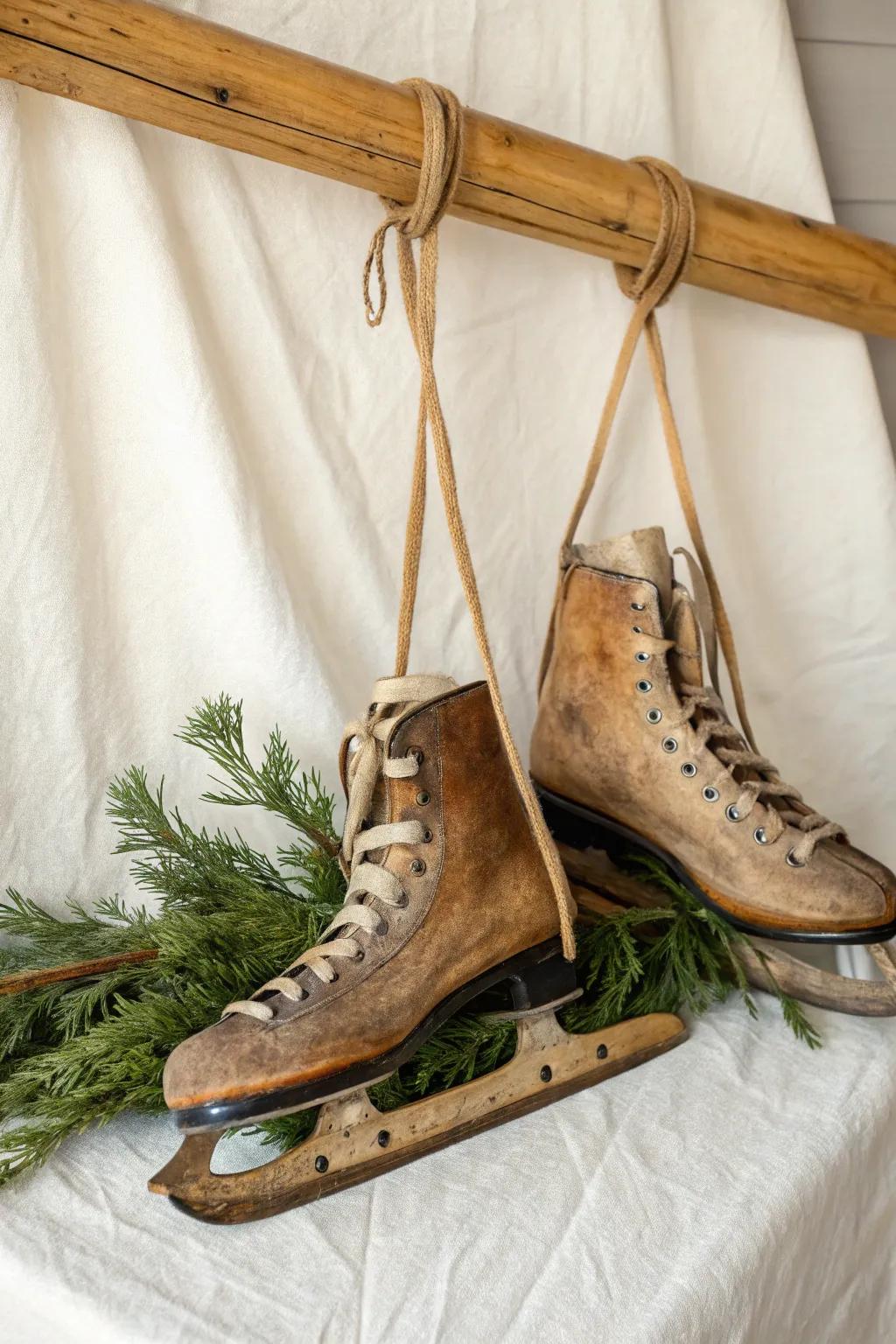 Vintage skates tied to a wooden crossbar with tucked evergreen—simple, cozy sled-season charm.