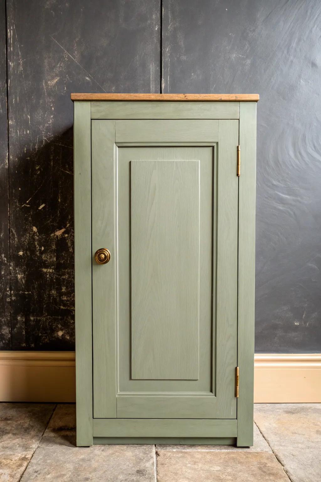 Muted painted cabinet with softly sanded edges—an easy patina trick for an old-kitchen feel.