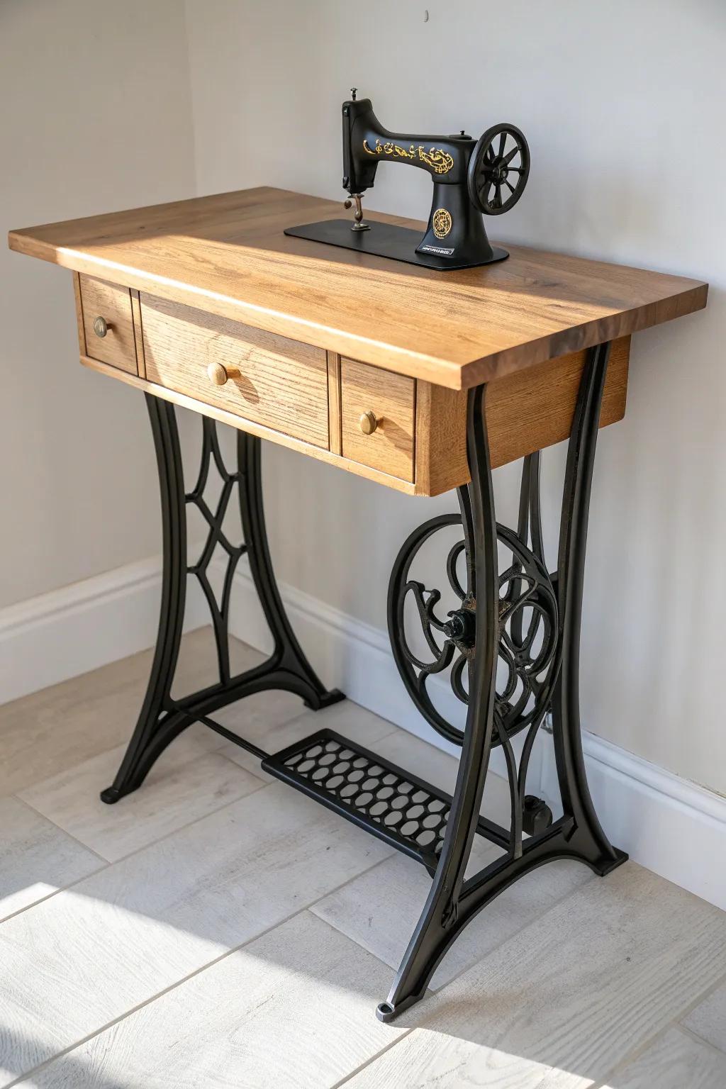 Vintage treadle base + clean oak top = a chic writing desk with timeless sewing-room charm.