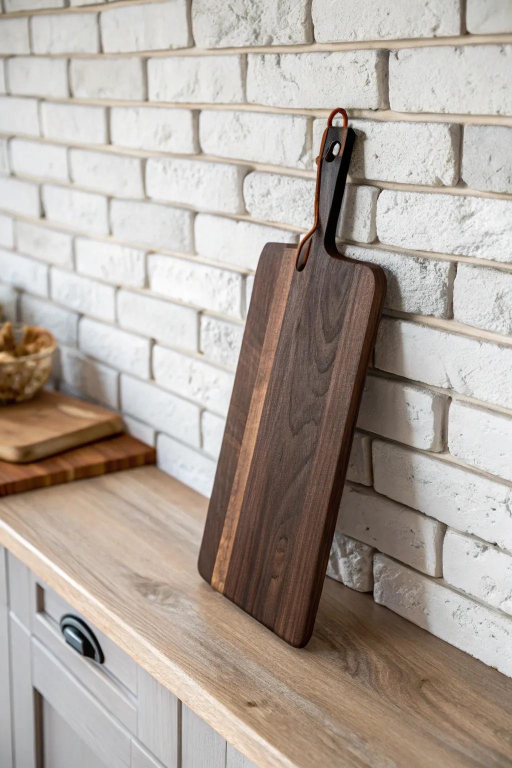 Dark walnut meets limewashed brick—an instant old‑world patina with calm, minimal warmth.