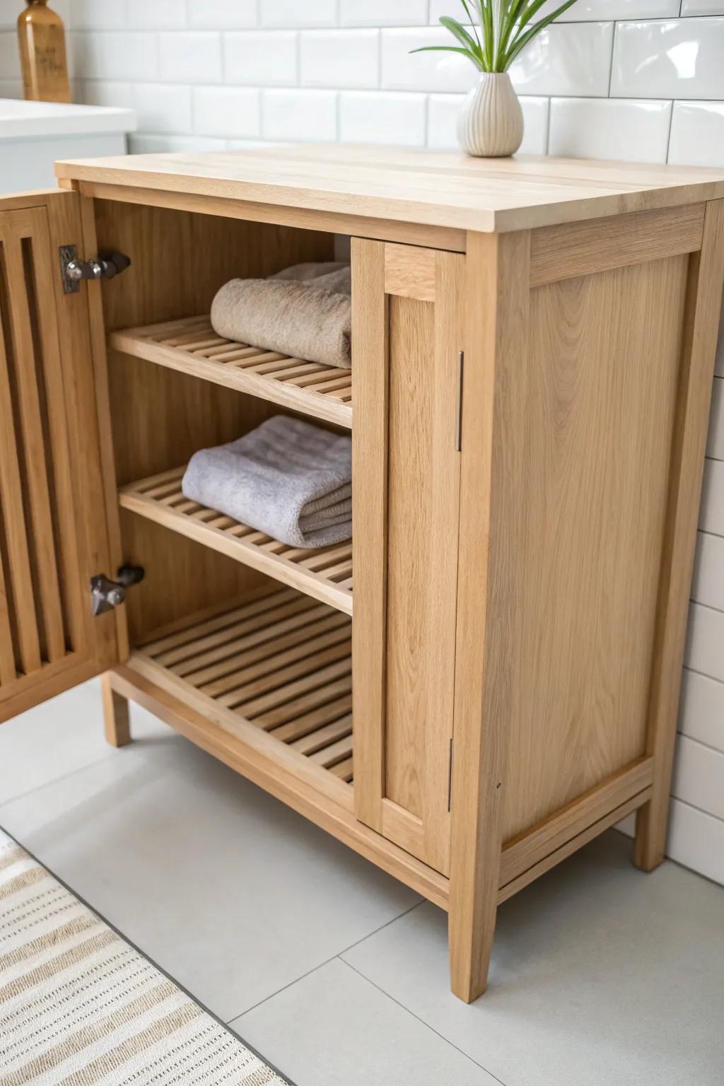 Airy slatted shelf keeps towels fresh—minimal oak cabinet with bold, modern contrast.