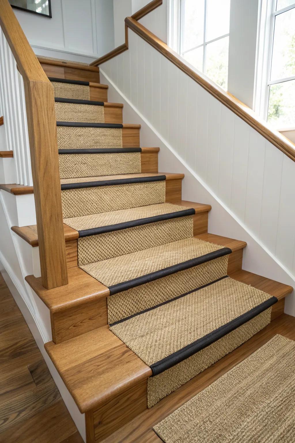 Natural fiber-look stair runner with crisp bound edges—perfect contrast on warm open treads.