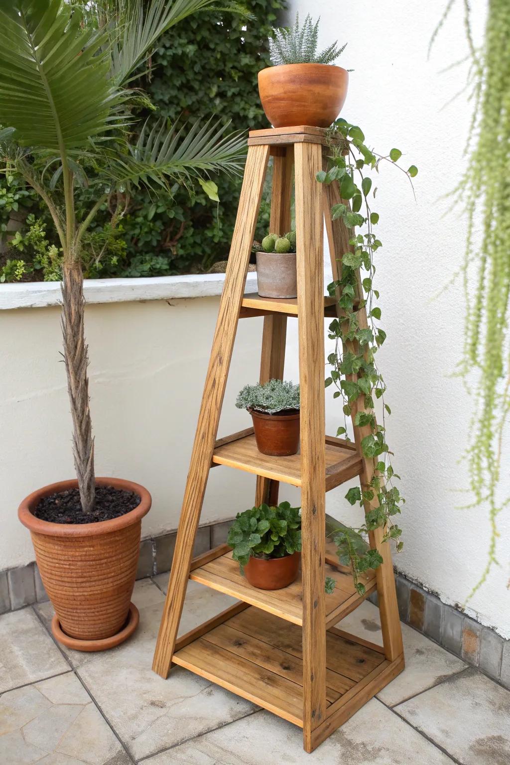 Turn an awkward patio corner into a vertical plant moment with a sleek triangle stand.