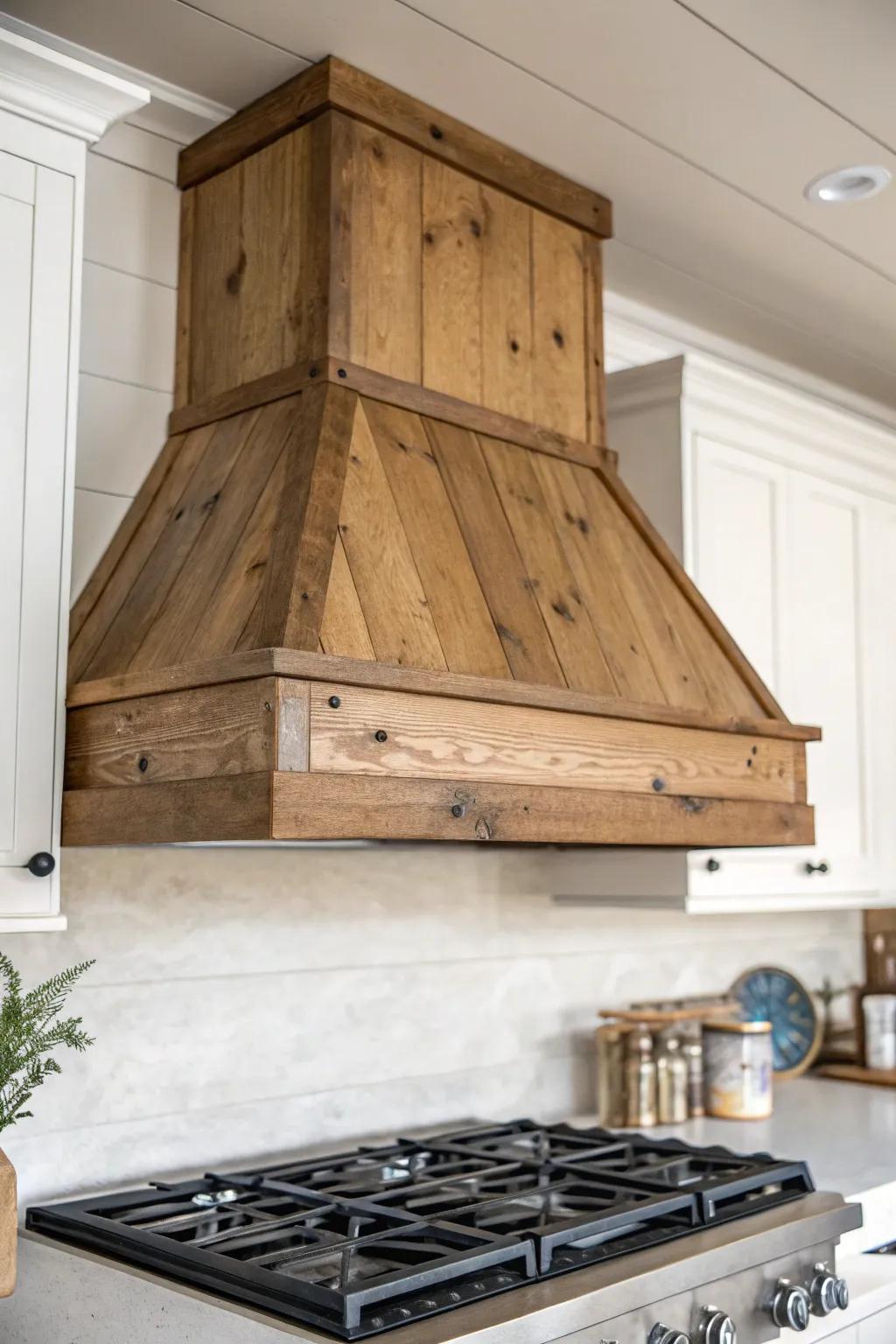 Rustic reclaimed wood hood cover that turns the over-stove space into a warm focal point.