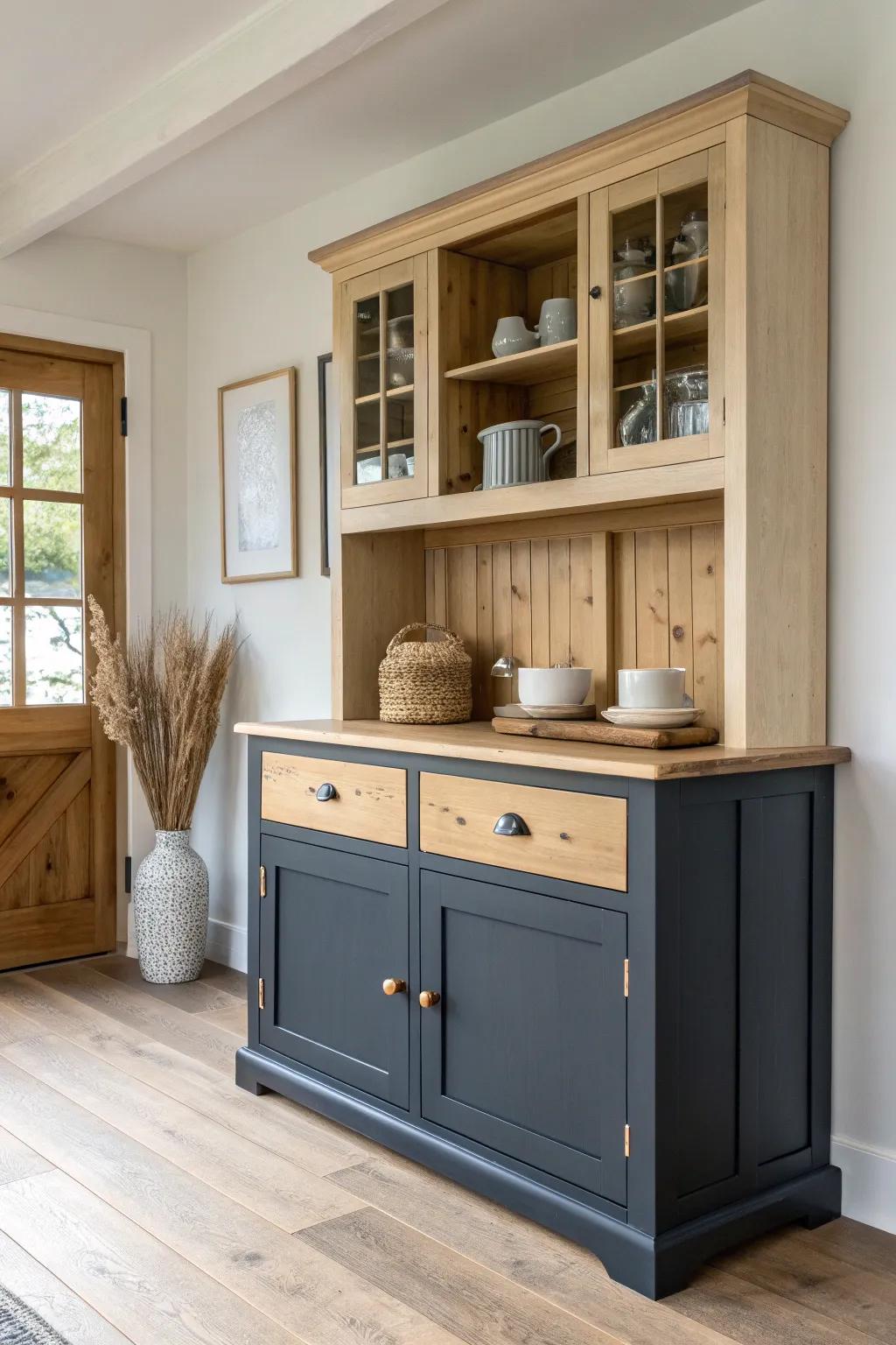Two-tone buffet + light hutch top: grounding dark base, airy shelves, Scandinavian calm.
