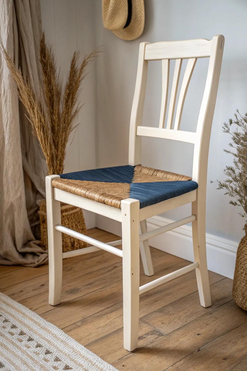 Two-tone chair idea: light frame with a bold dark seat for clean contrast and easy wear hiding.