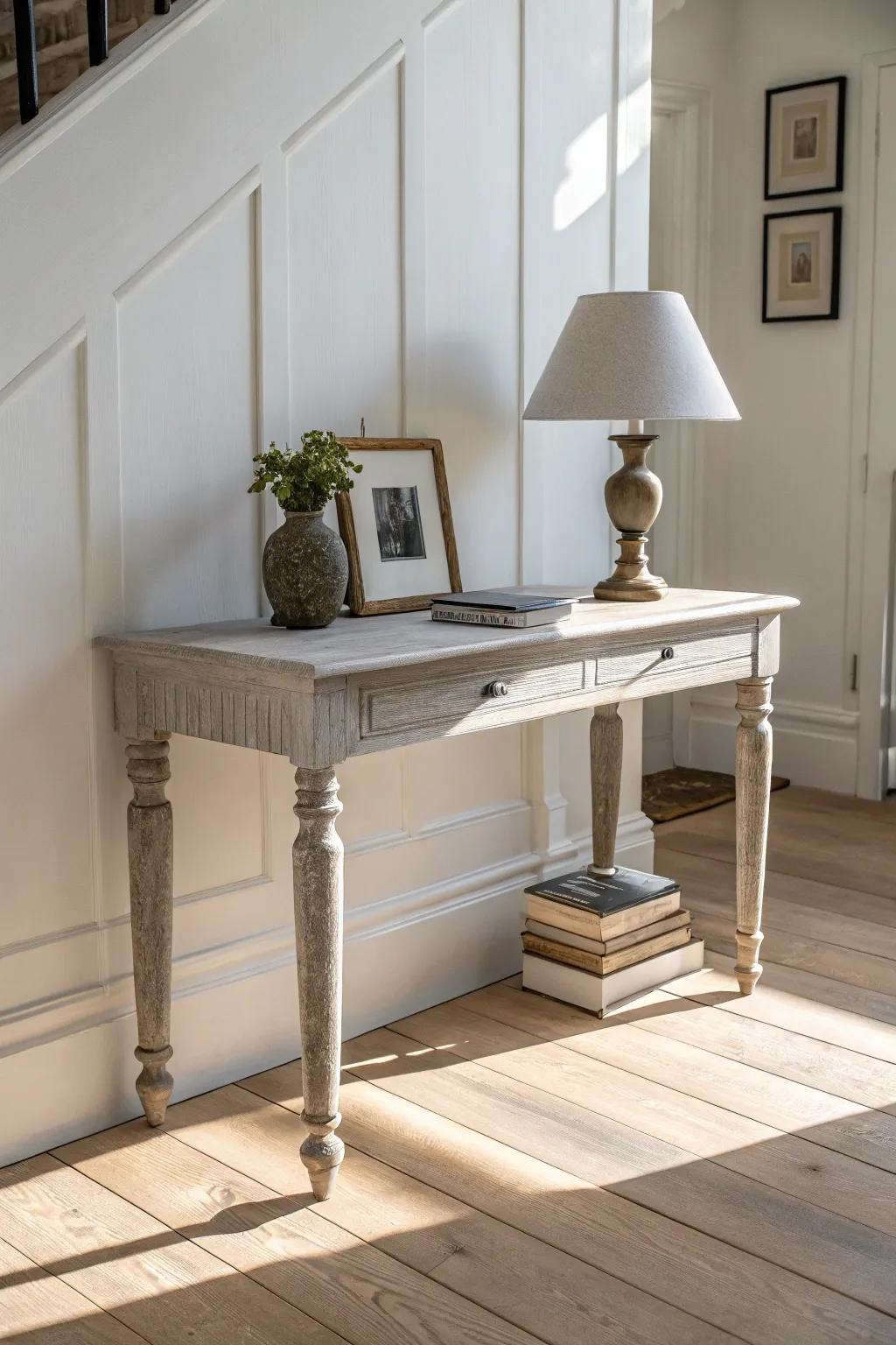 Light gray console table with crisp lines—minimal styling that looks fresh in any space.
