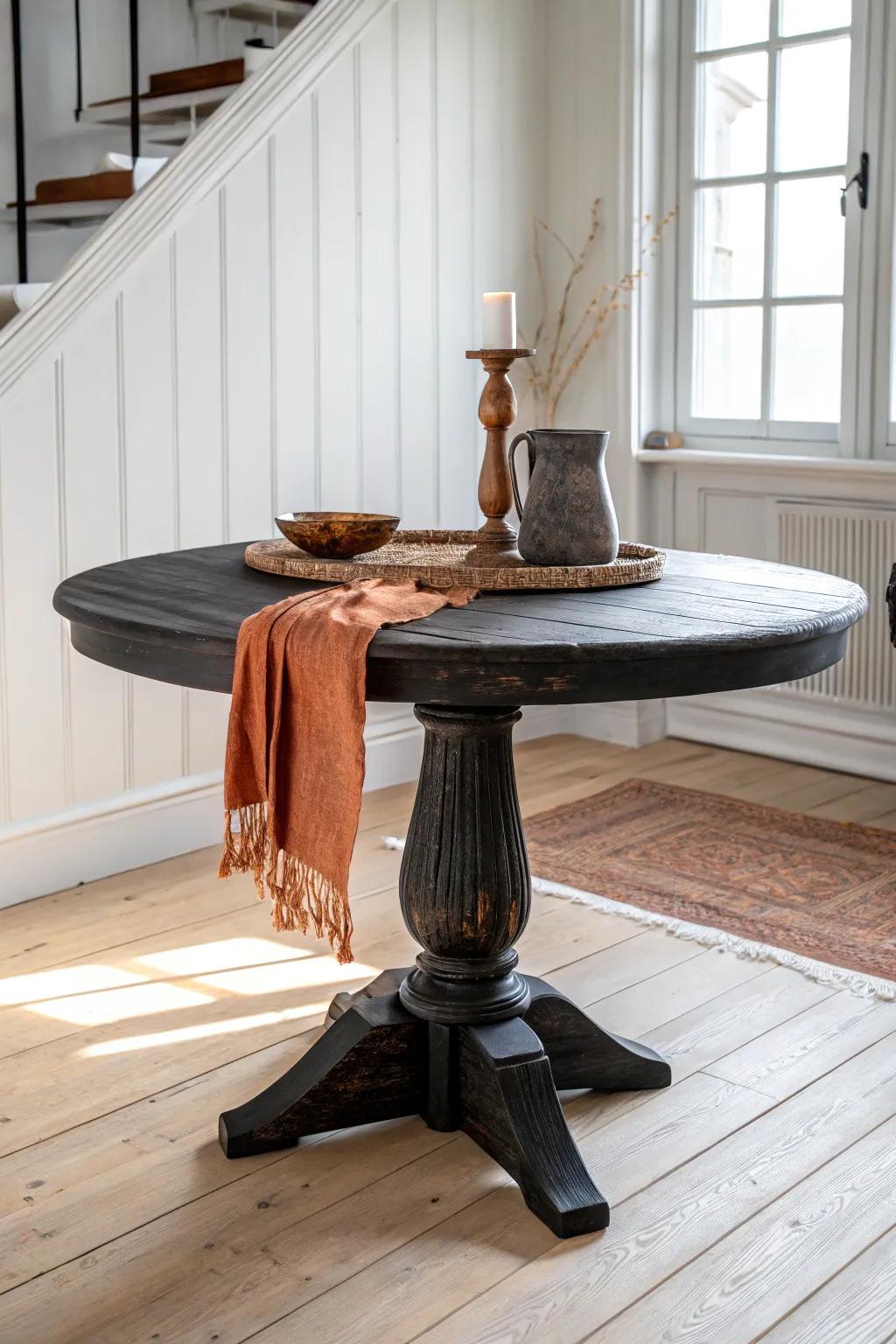 Moody matte-black table with softly worn edges—instant drama in a bright, minimal dining room.