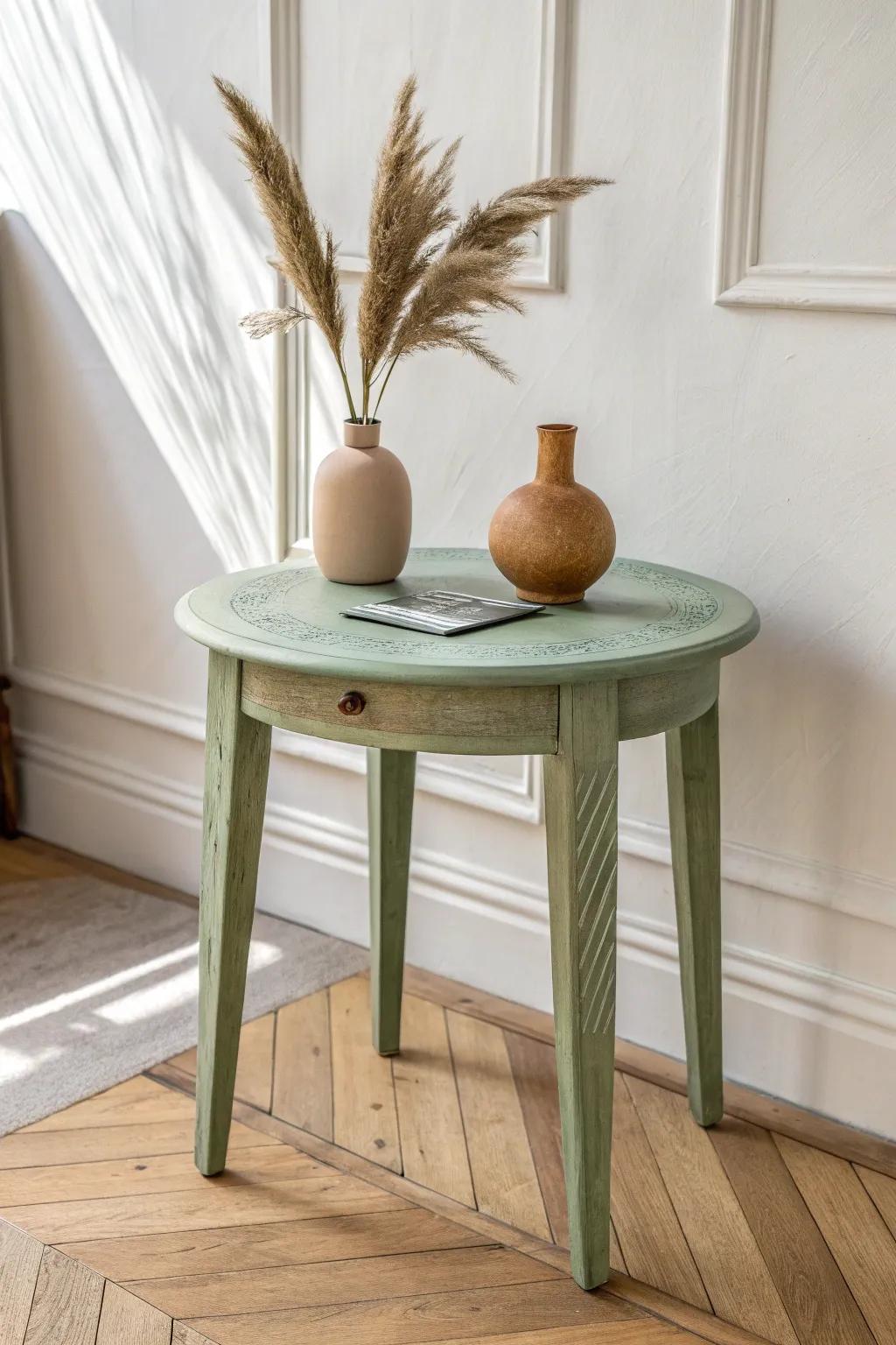 Soft sage green end table—minimal, cozy, and beautifully handcrafted with natural texture.