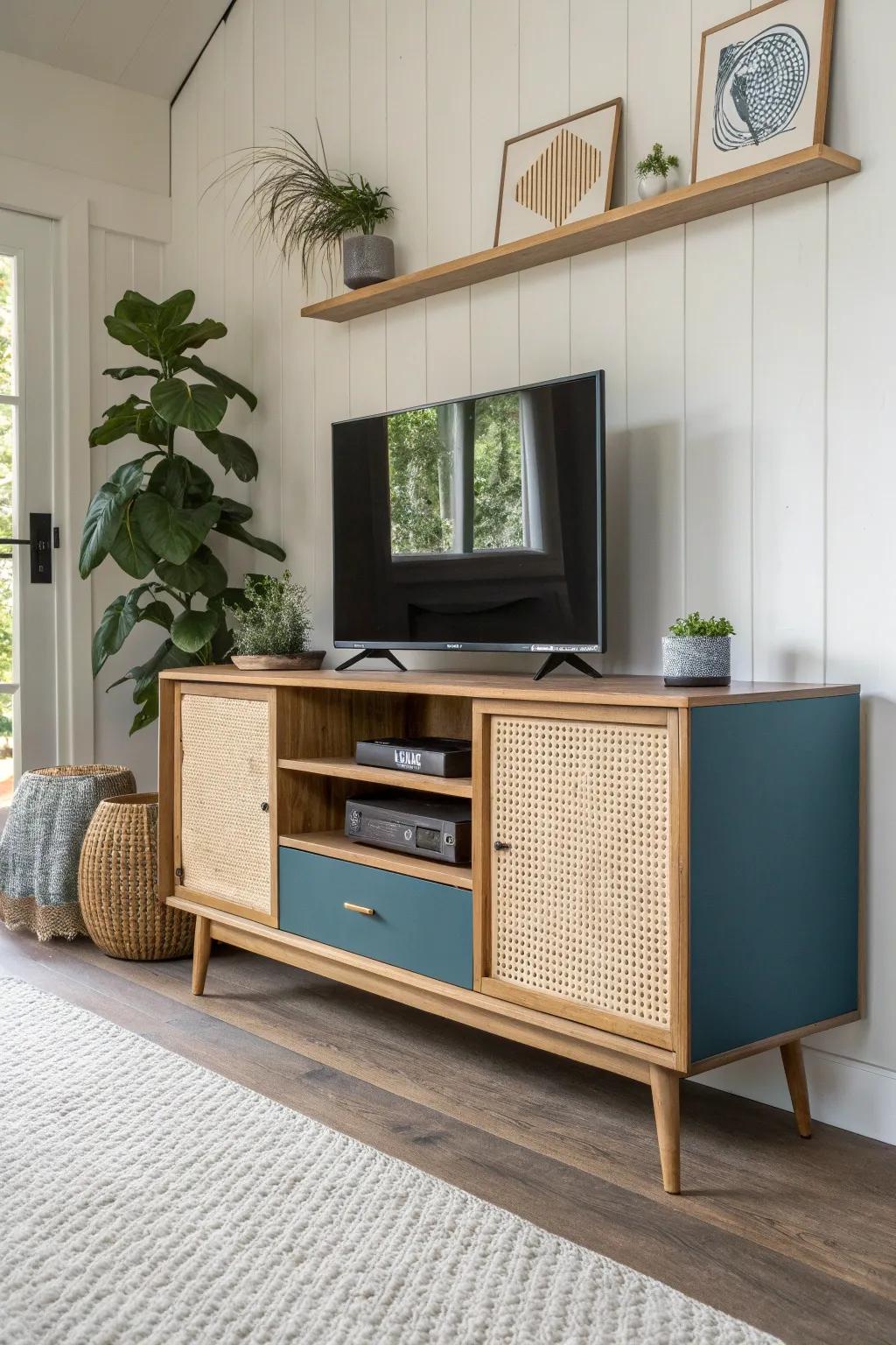 Two-tone paint: airy uppers and a rich, grounded base for a custom entertainment center look.