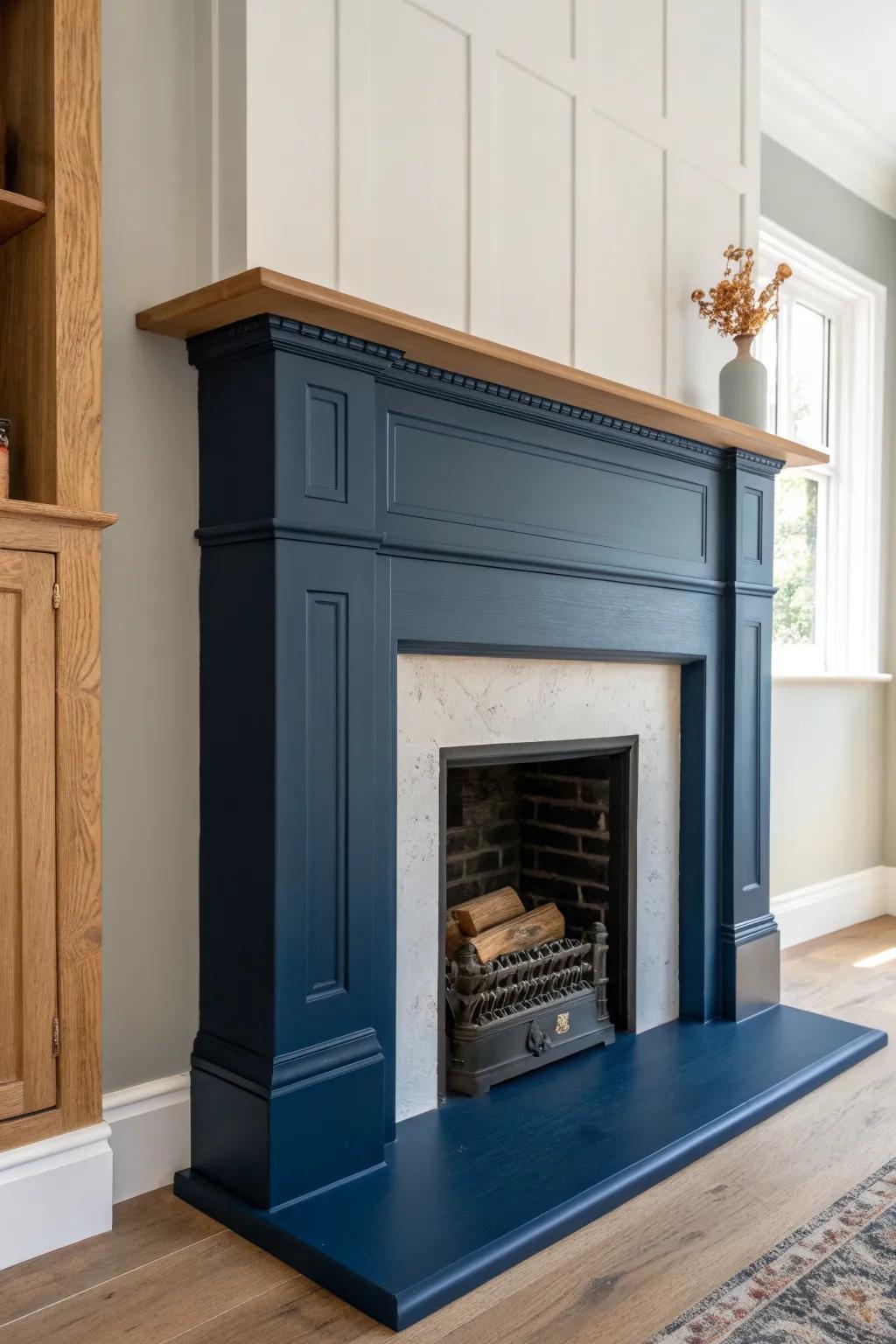 Deep navy fireplace surround + natural oak mantel—minimal, cozy, and strikingly timeless.