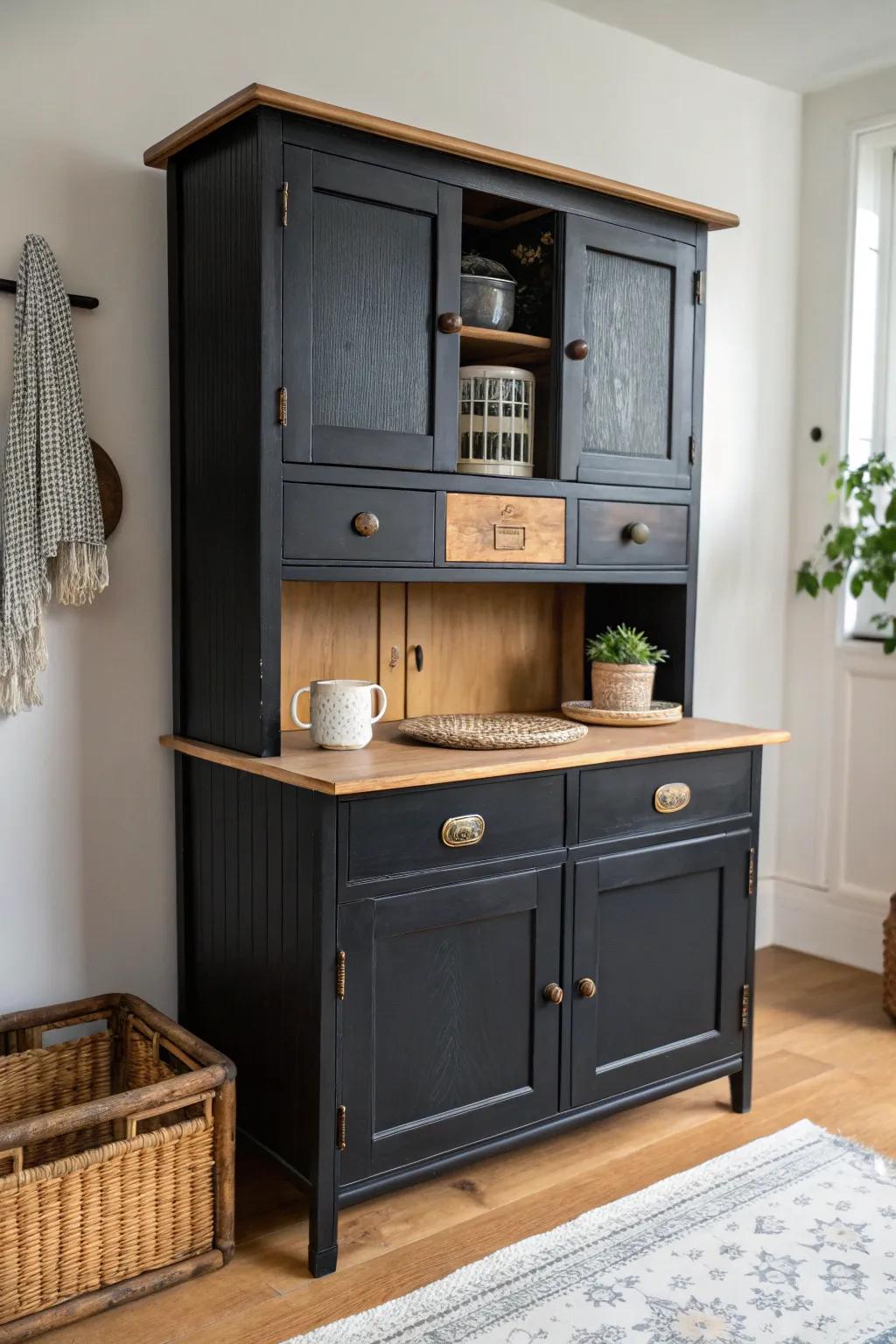 Matte black Hoosier cabinet with warm oak accents—bold contrast that makes every ding feel curated.