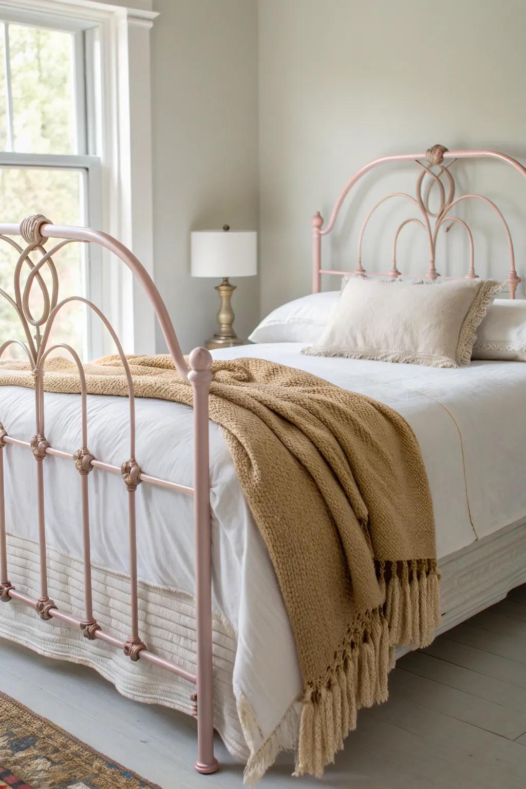 Discover the rustic charm of a beautifully distressed metal bed frame, where Scandinavian minimalism meets boho elegance.