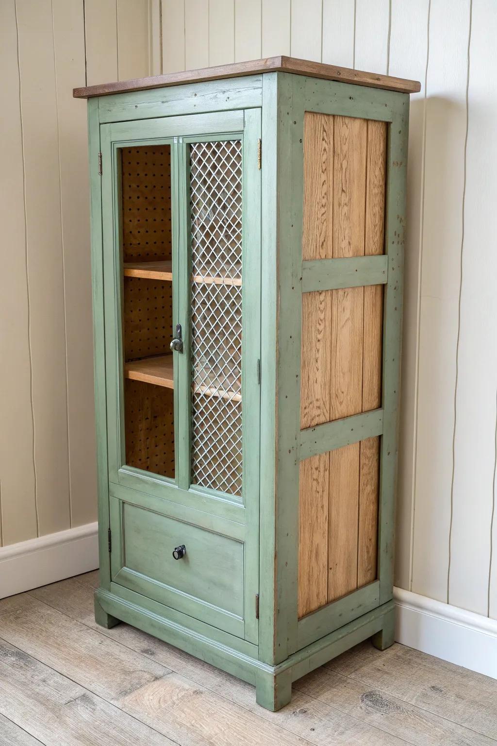Dusty sage pie safe with warm natural wood interior—two-tone charm with tin-panel detail.