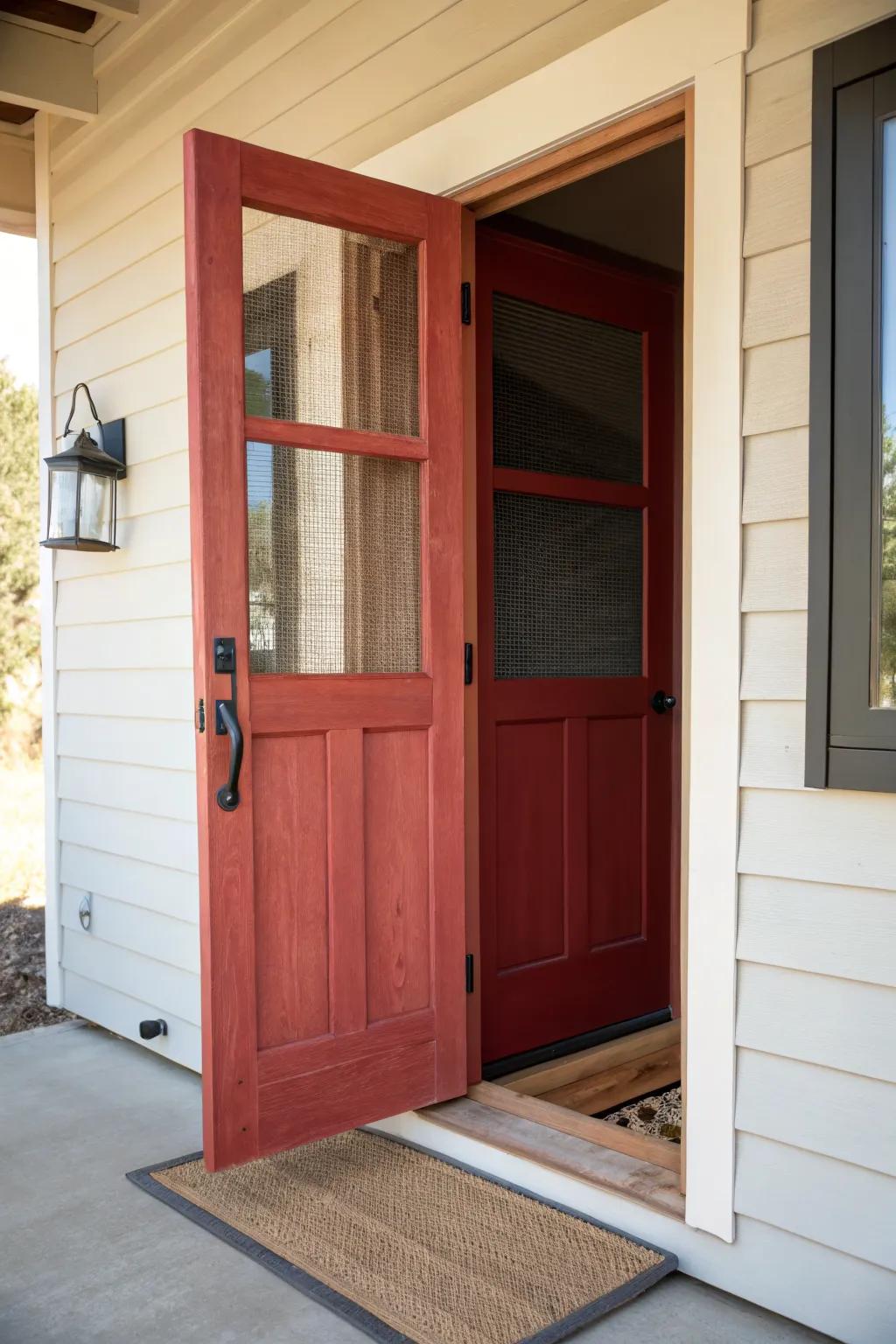 A bold red screen door turns a neutral porch into an instant, welcoming statement.