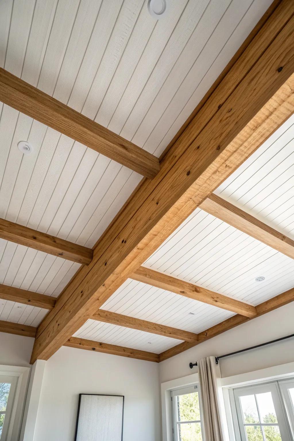 White plank ceiling with natural beams—clean contrast that highlights craftsmanship and warmth.