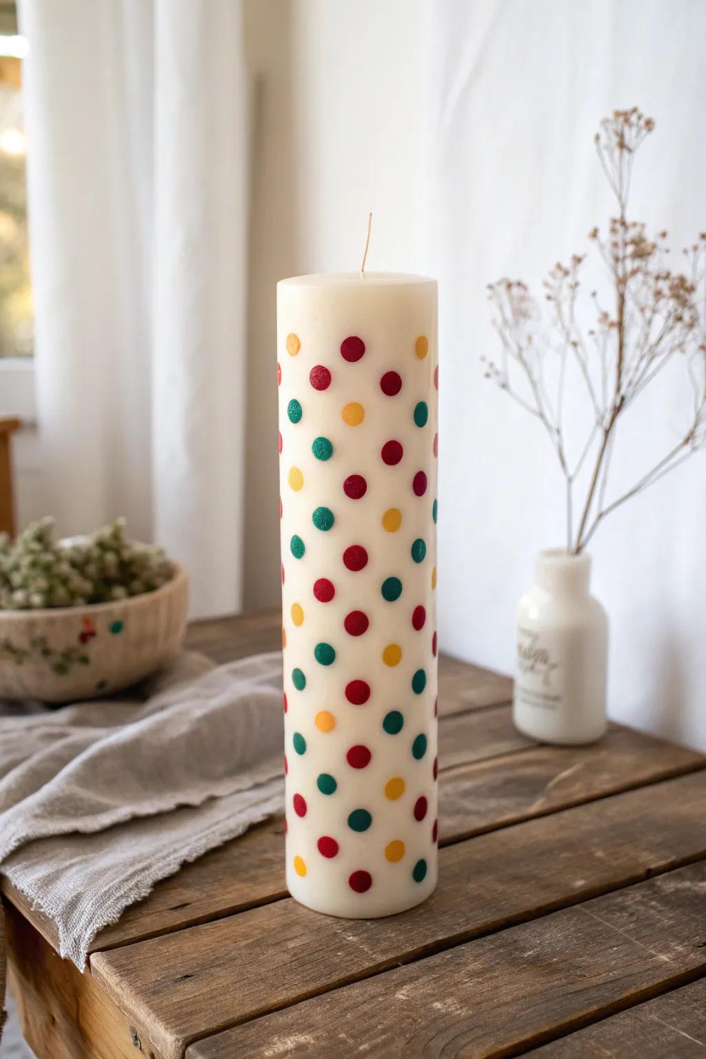 Brighten your space with playful polka dot candles, where artistry meets simplicity.