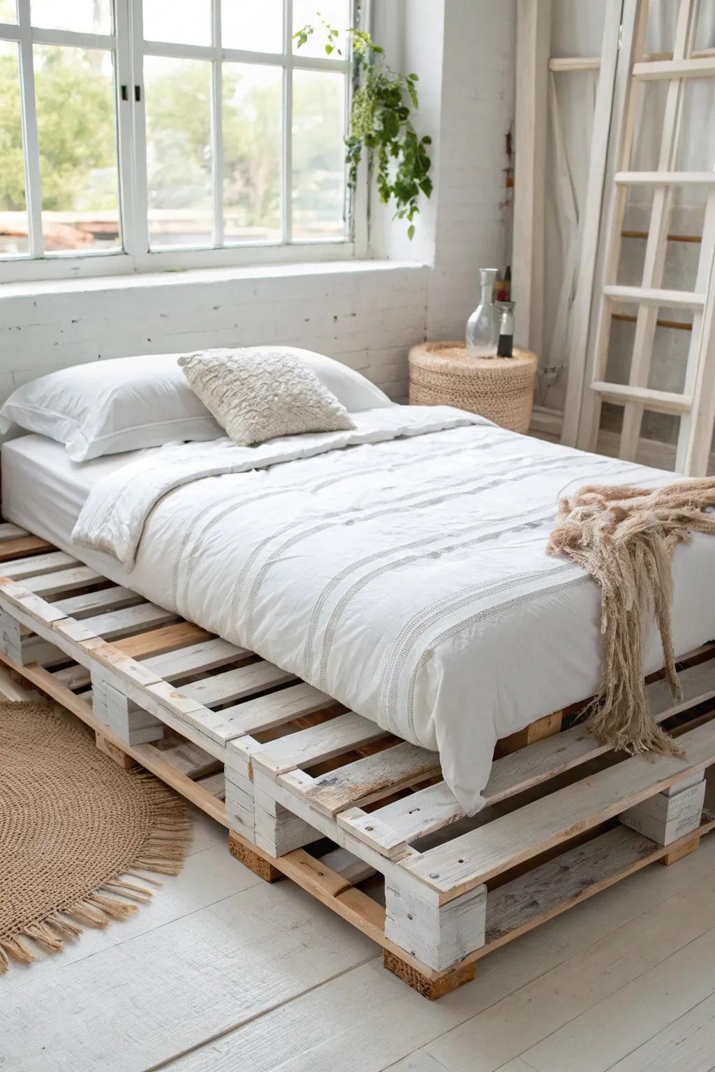 Whitewashed pallet bed frame—airy Scandi minimalism with visible grain and handcrafted charm.