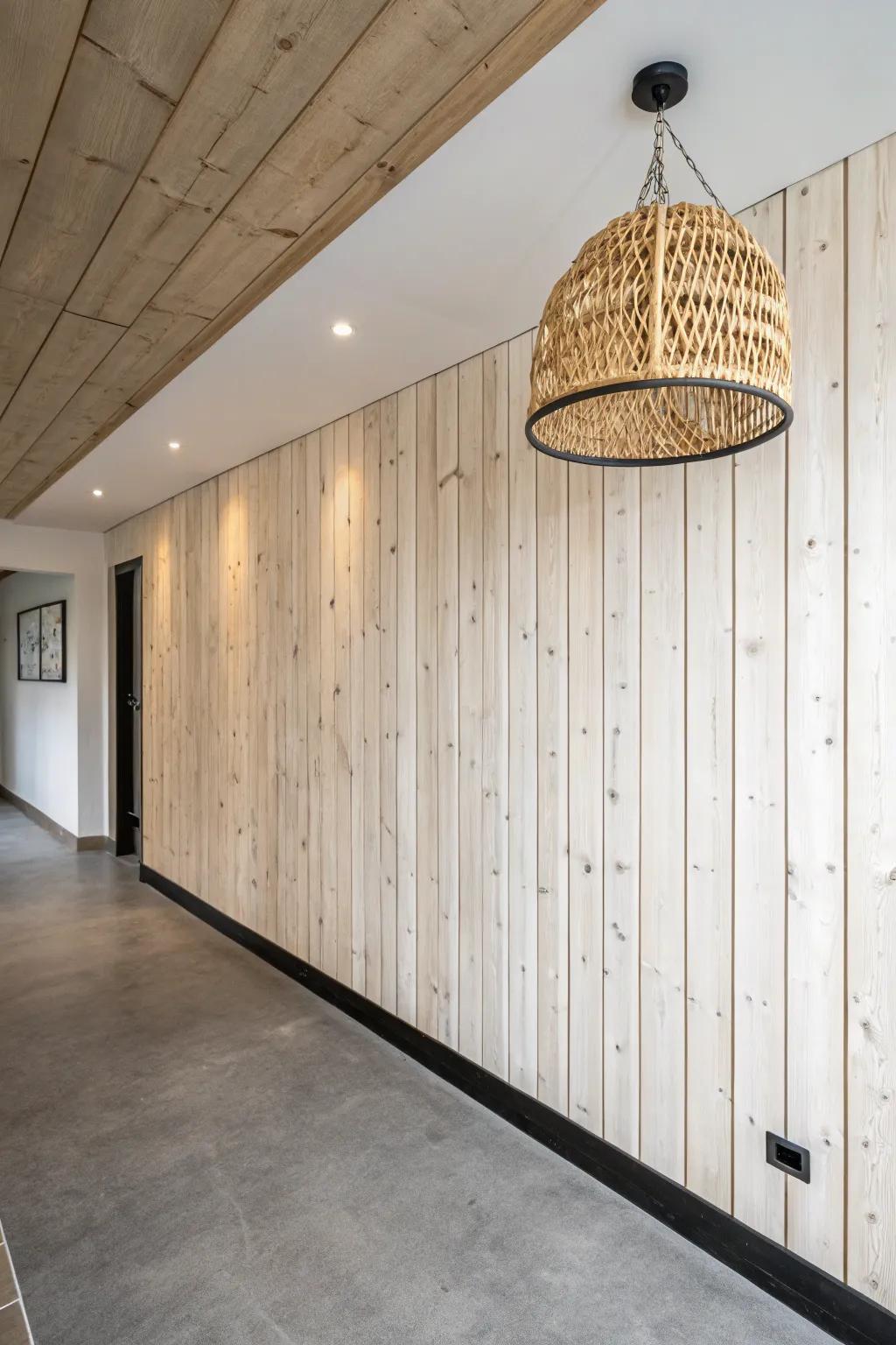 Vertical farmhouse planks in light pine—an easy way to make low basement walls feel taller.