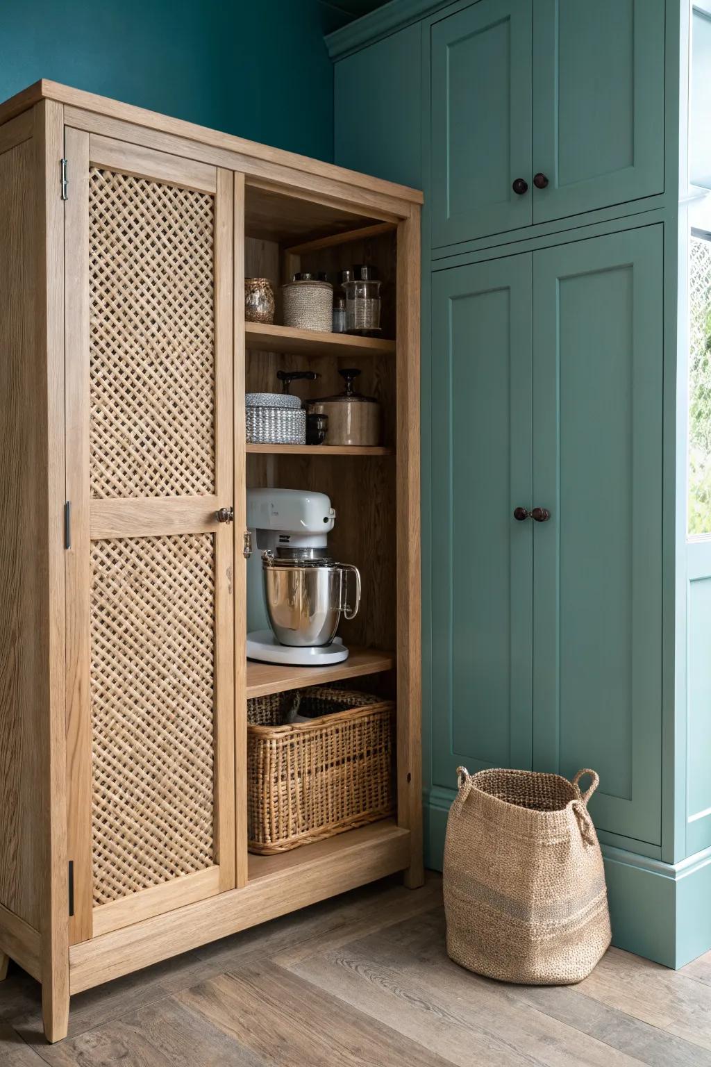 Built-in lower cabinets hide bulky appliances—keeping your pantry calm, clean, and beautiful.