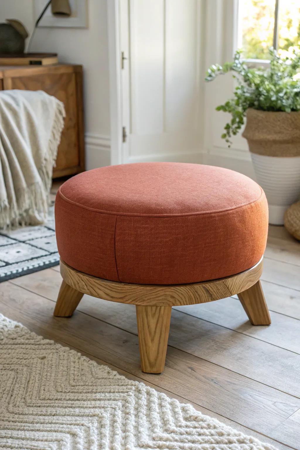 Bold terracotta pouf scatter seat—crafted wood base, tough fabric, instant party perch.