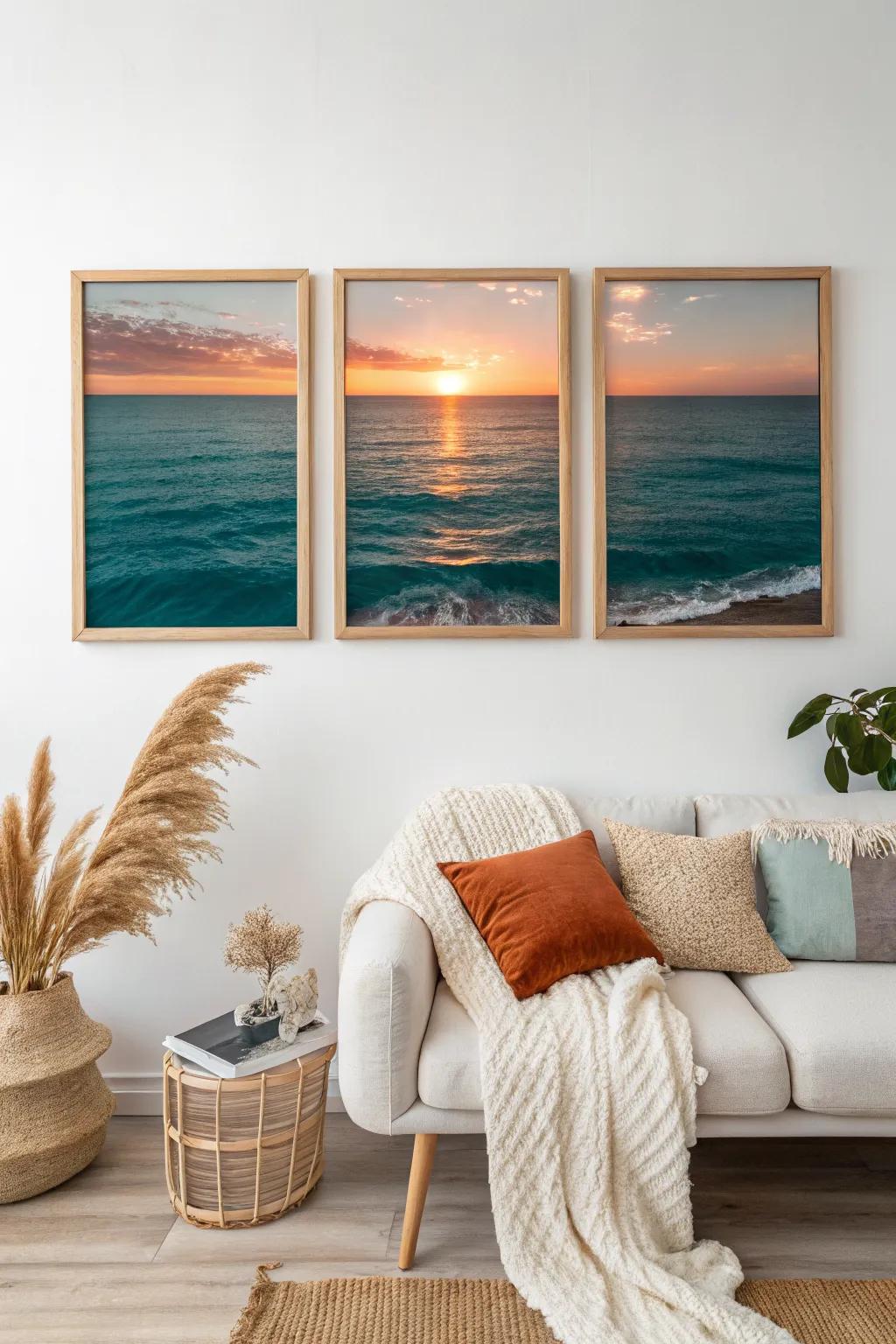 One photo, three matching frames—this triptych split adds instant height and gallery polish.