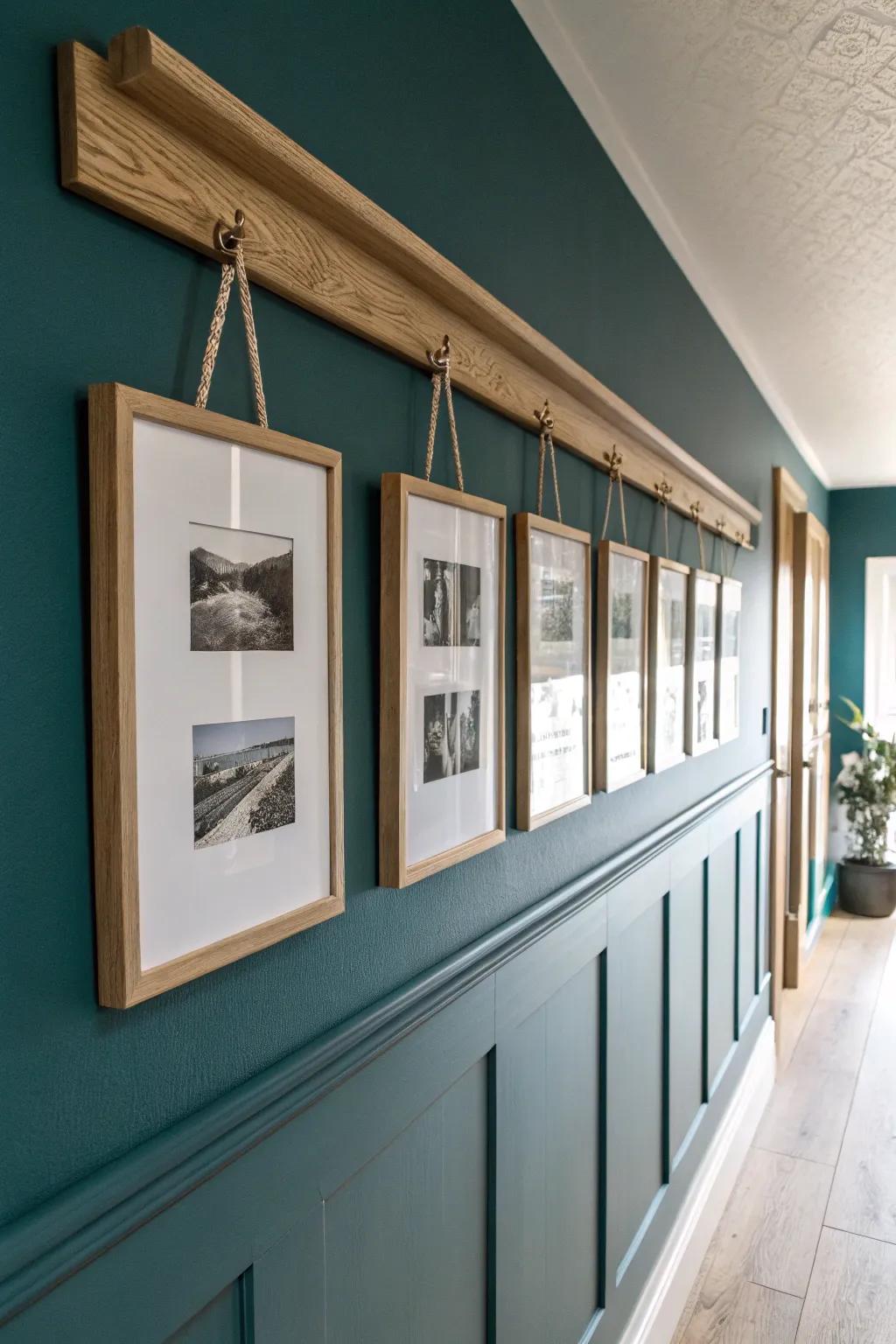 Light-oak picture rail + bold wall color create a crisp black‑and‑white photo grid moment.