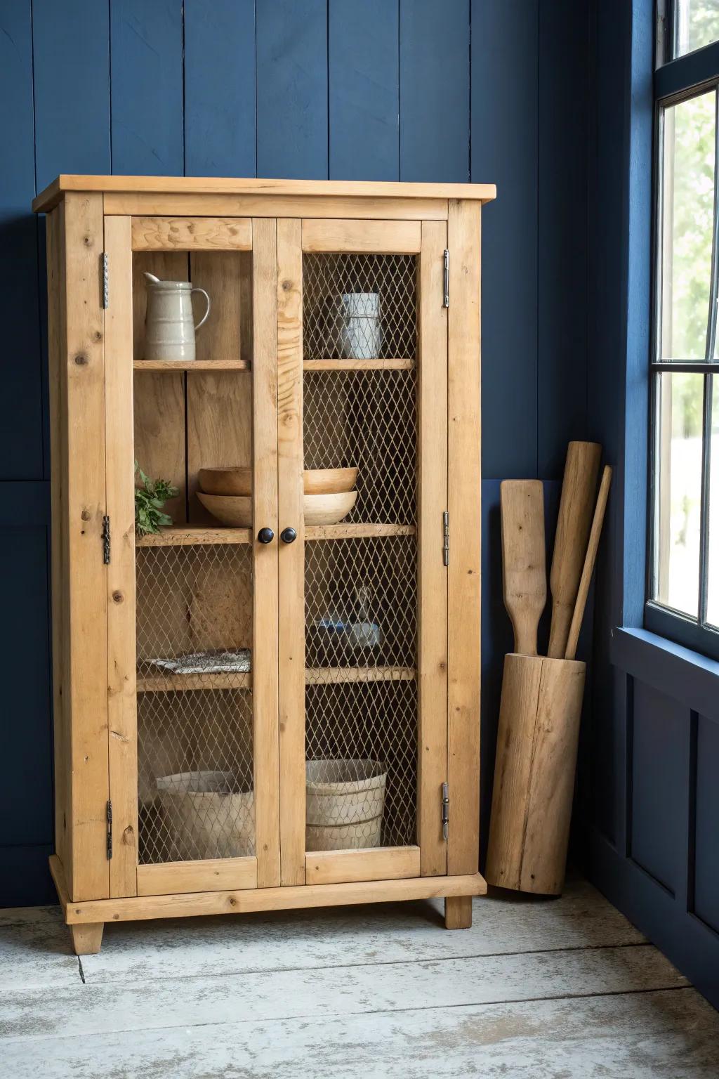 Style your pie safe with rolling pins and worn wooden spoons for cozy, curated charm.