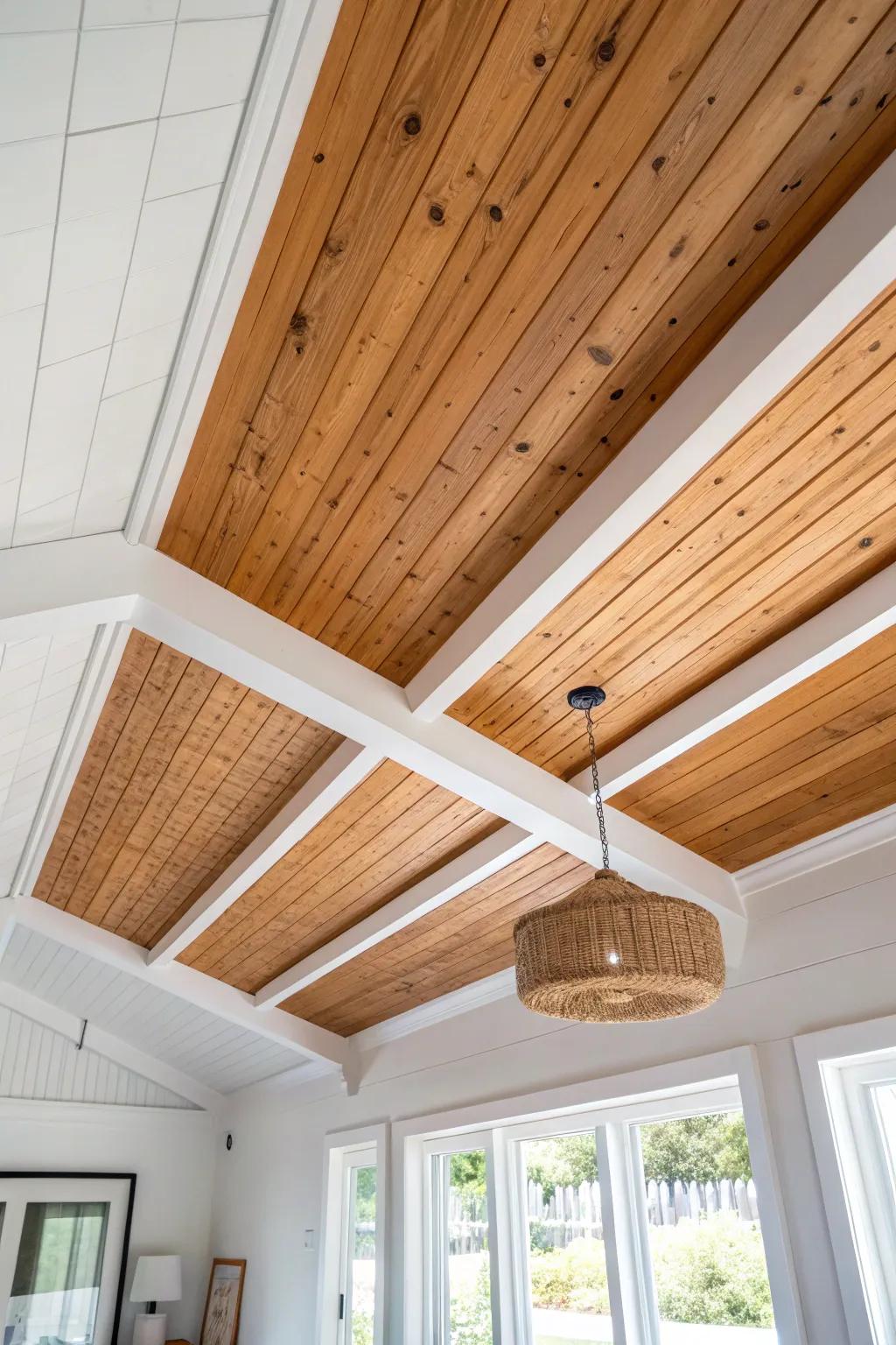 Warm pine ceiling + crisp white beams: a high-contrast look that feels modern and airy.