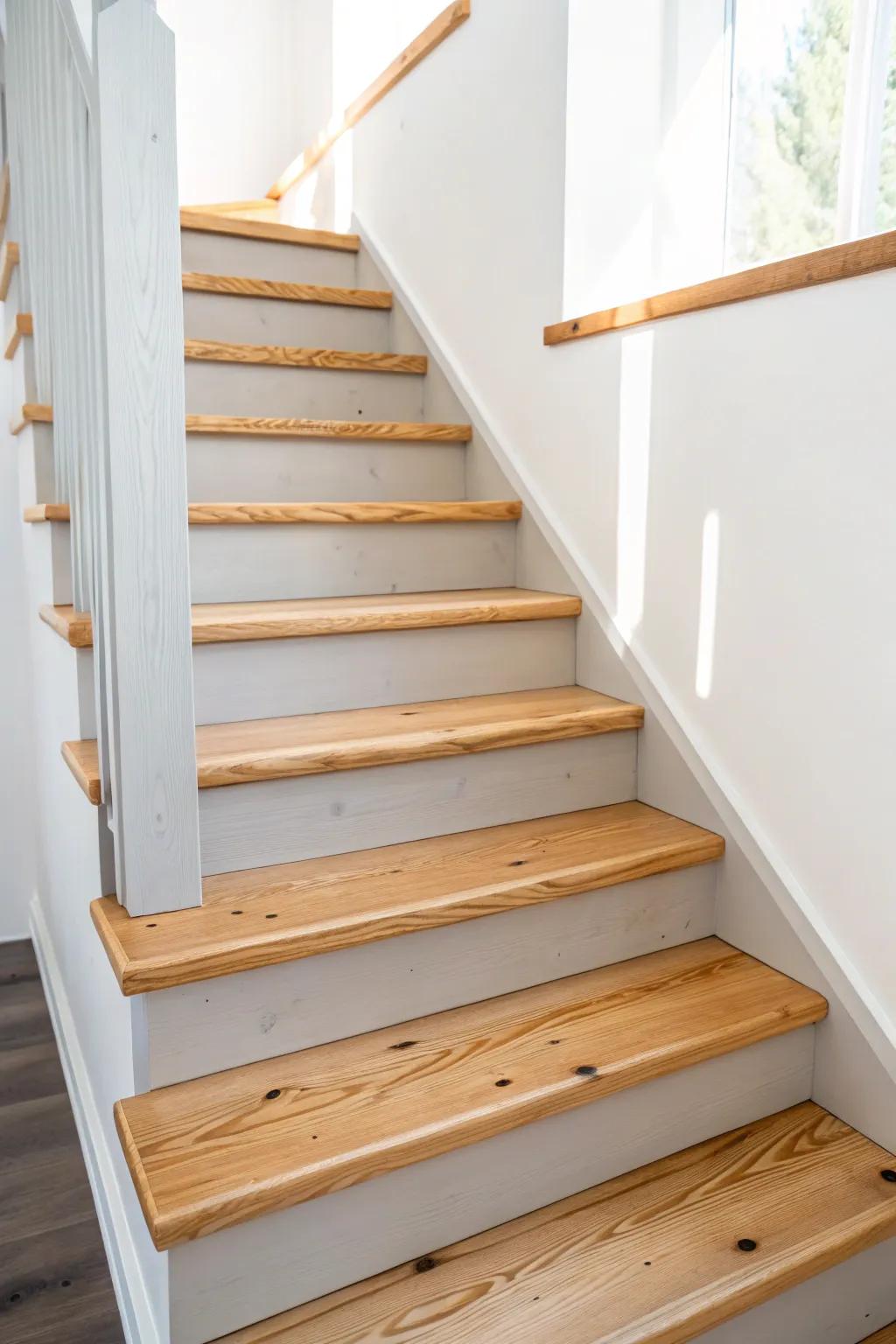Warm pine treads meet soft gray risers for a calm, tailored staircase with modern contrast.