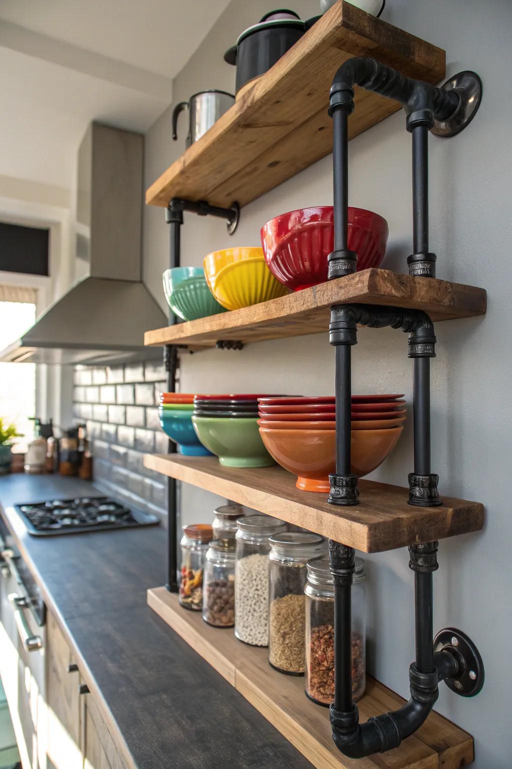 Elevate your kitchen style with a bold pipe shelf that marries functionality and flair.