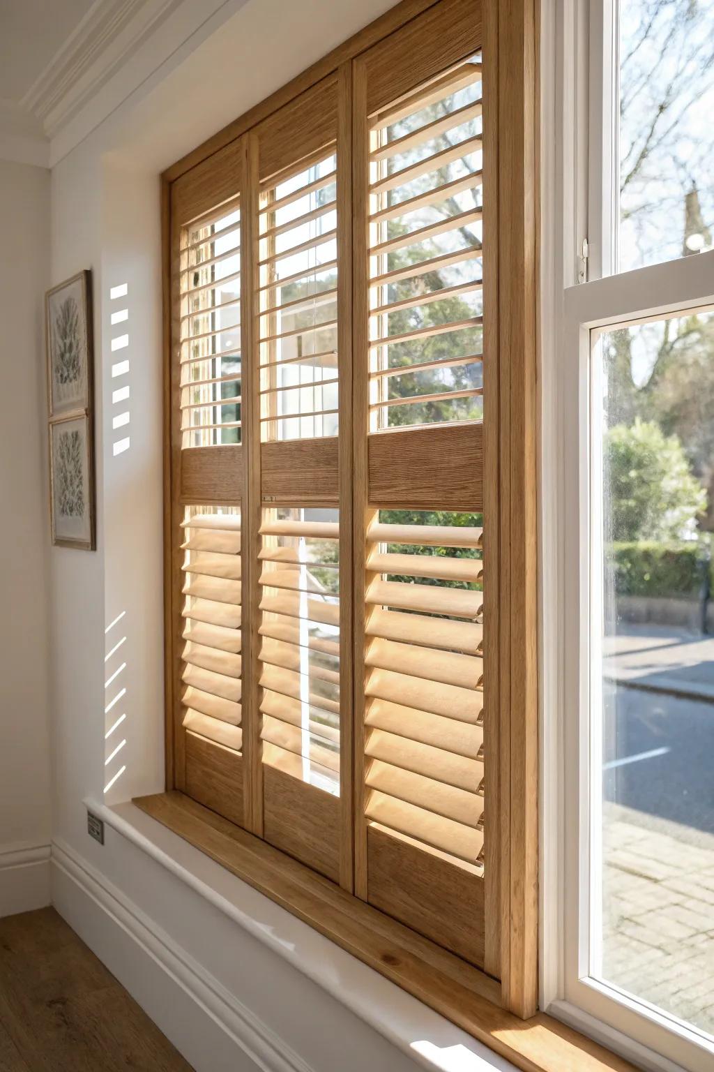 Tier-on-tier shutters: bottom closed, top open—bright light with street-smart privacy.