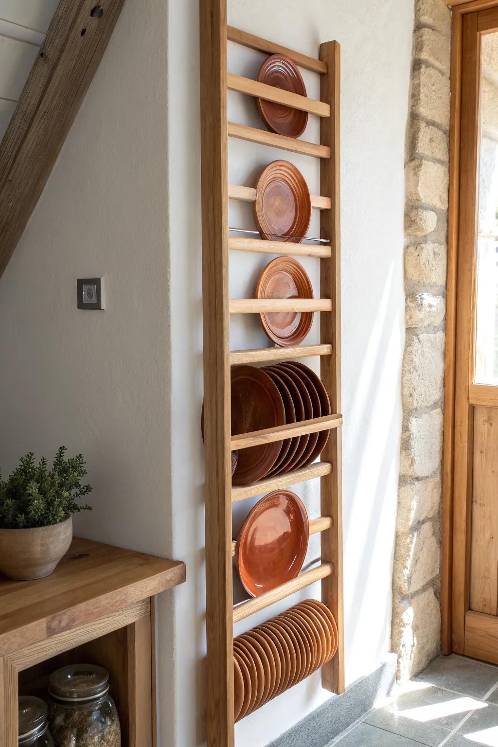 A space-saving tall plate tower—sleek oak craftsmanship for tight walls with bold contrast.