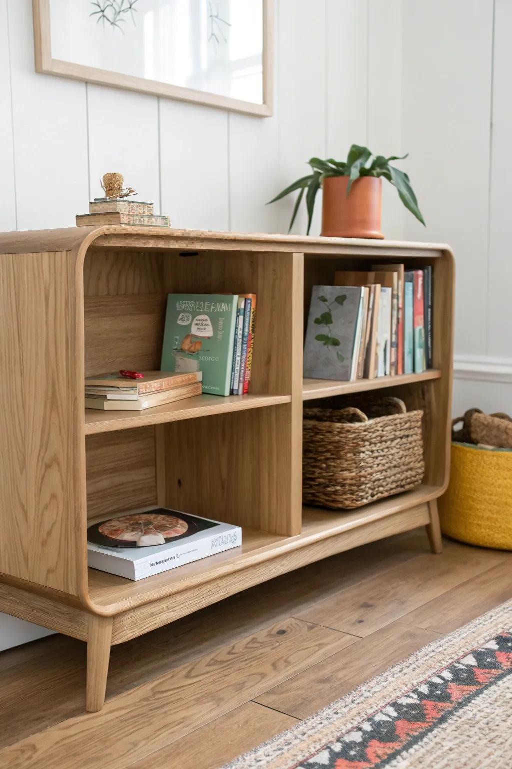 Low open shelves with a front lip make cleanup easy—and look beautifully minimal.