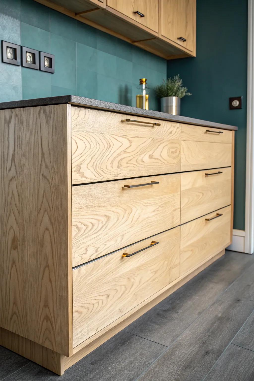 Grain-matched plywood drawers that read as one flowing panel—minimal, warm, high-impact.