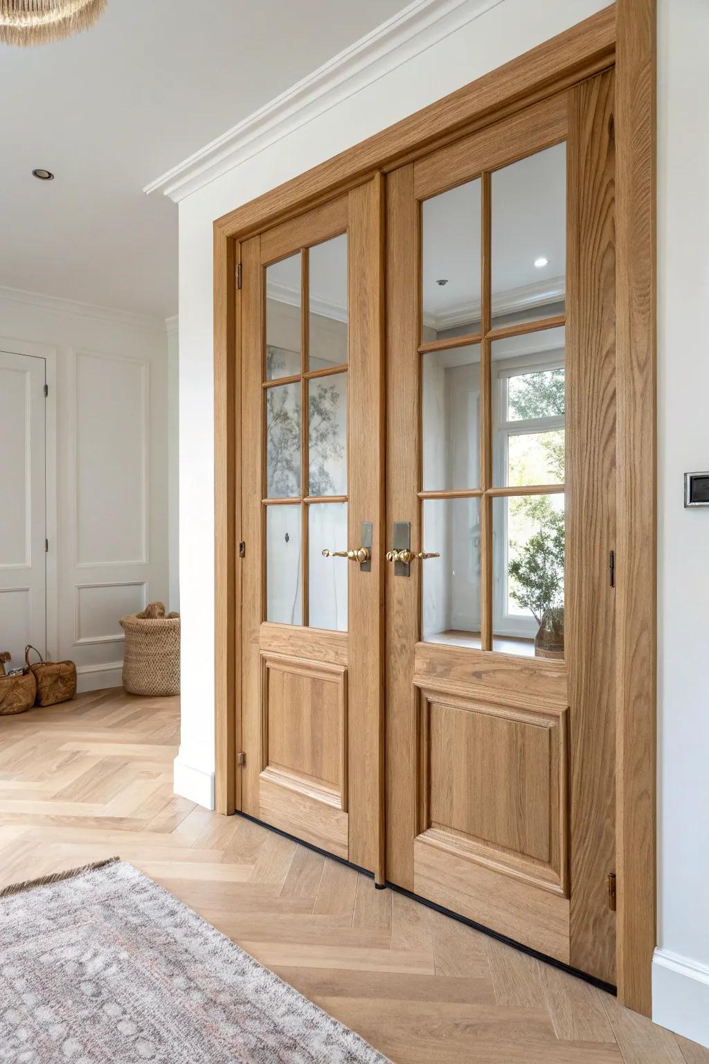 Light oak French swinging doors—classic, airy pocket-door alternative with warm craftsmanship.