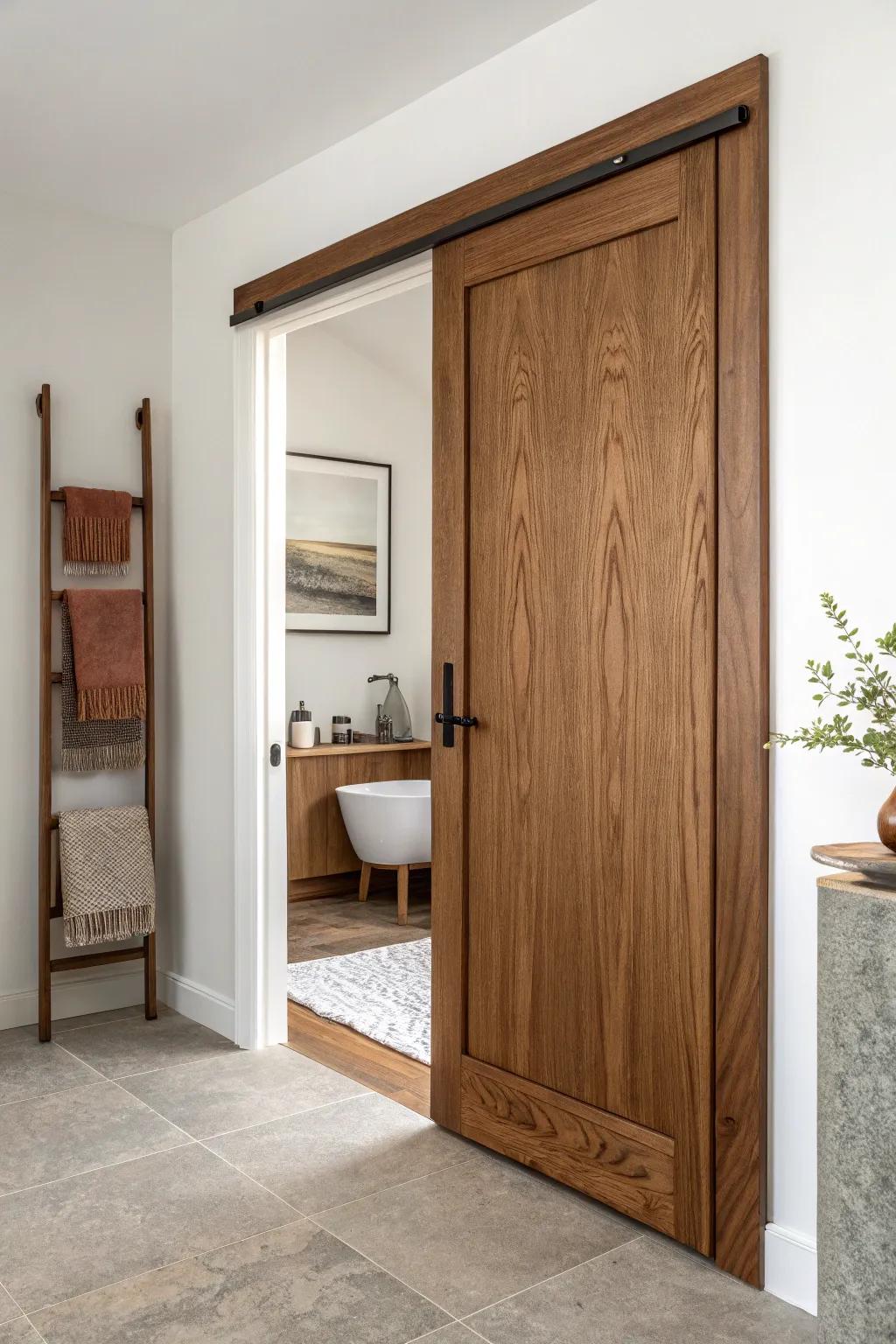 Warm stained wood pocket door brings instant coziness and perfect contrast to a bright bathroom.