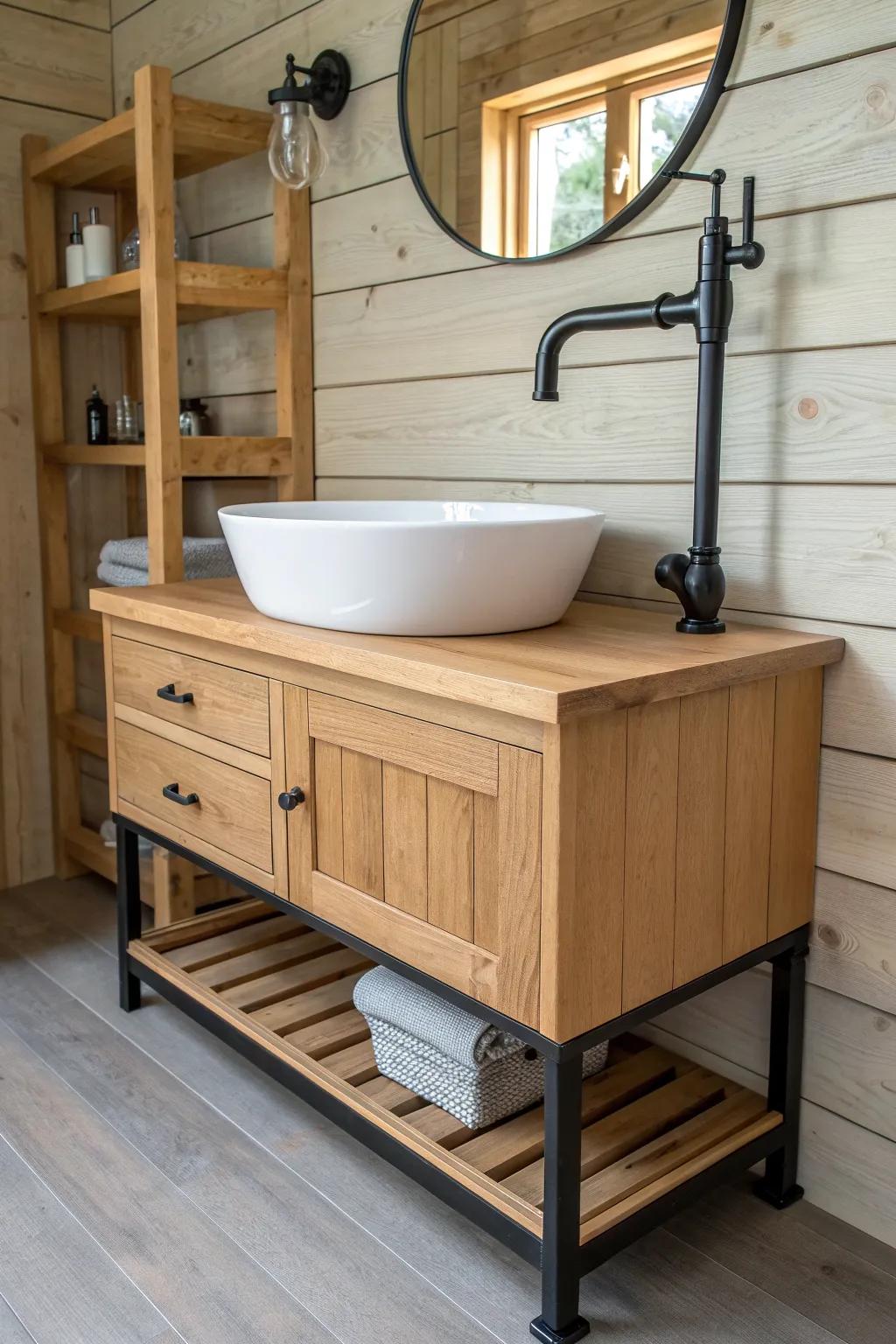 Exposed black pipe plumbing + warm oak vanity—industrial lines styled like intentional decor.