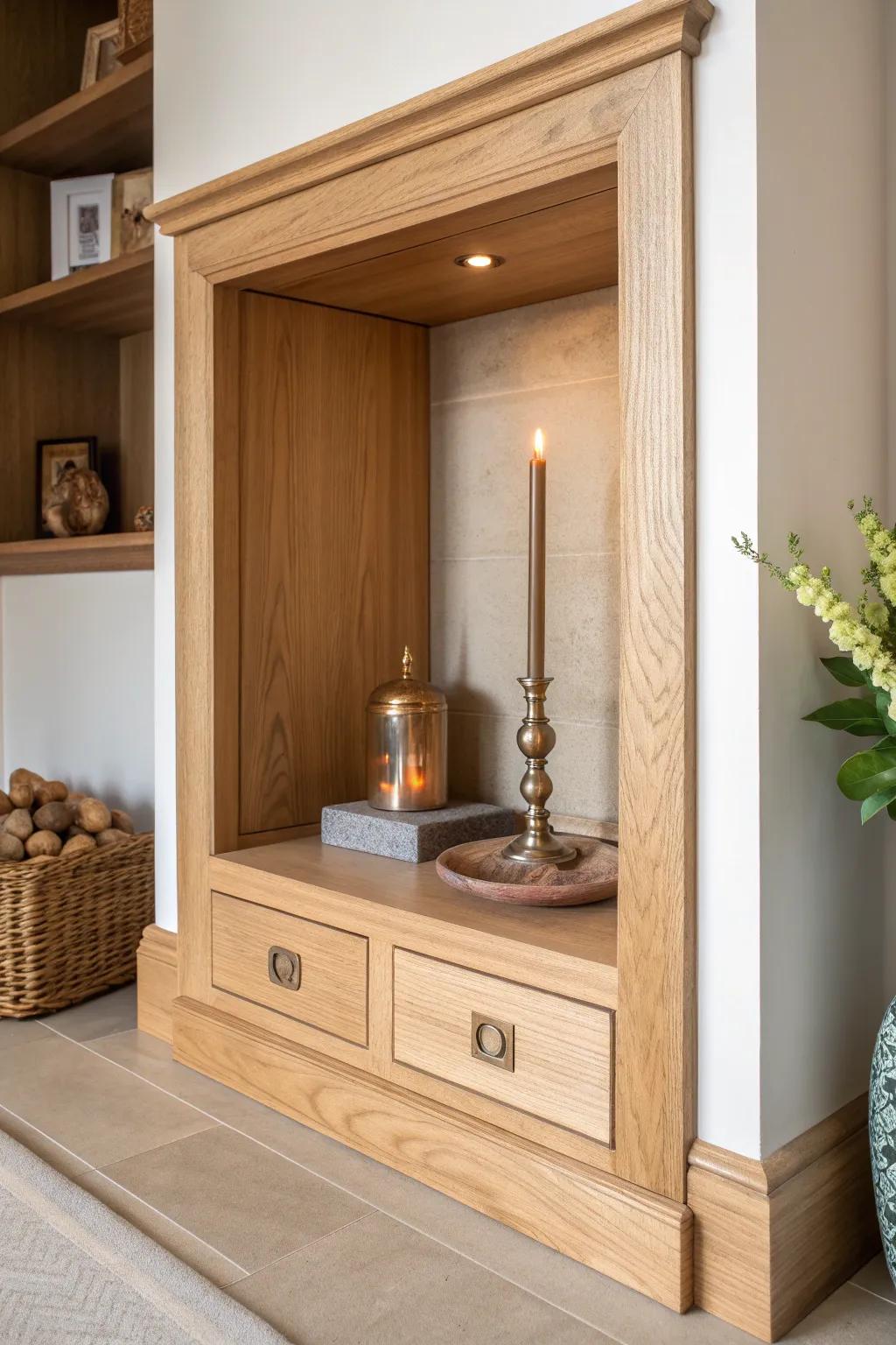 A cozy built-in alcove mandir in light oak with terracotta backing and warm brass glow.