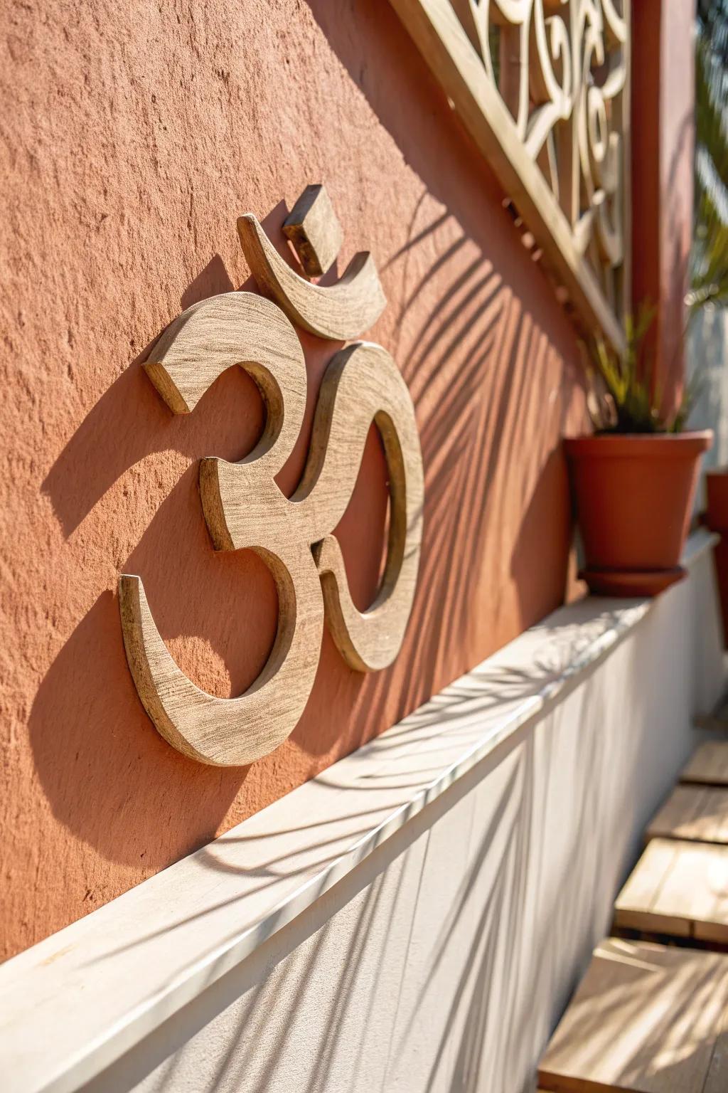 Floating wooden Om backdrop on a terracotta wall—minimal, warm, and beautifully handcrafted.