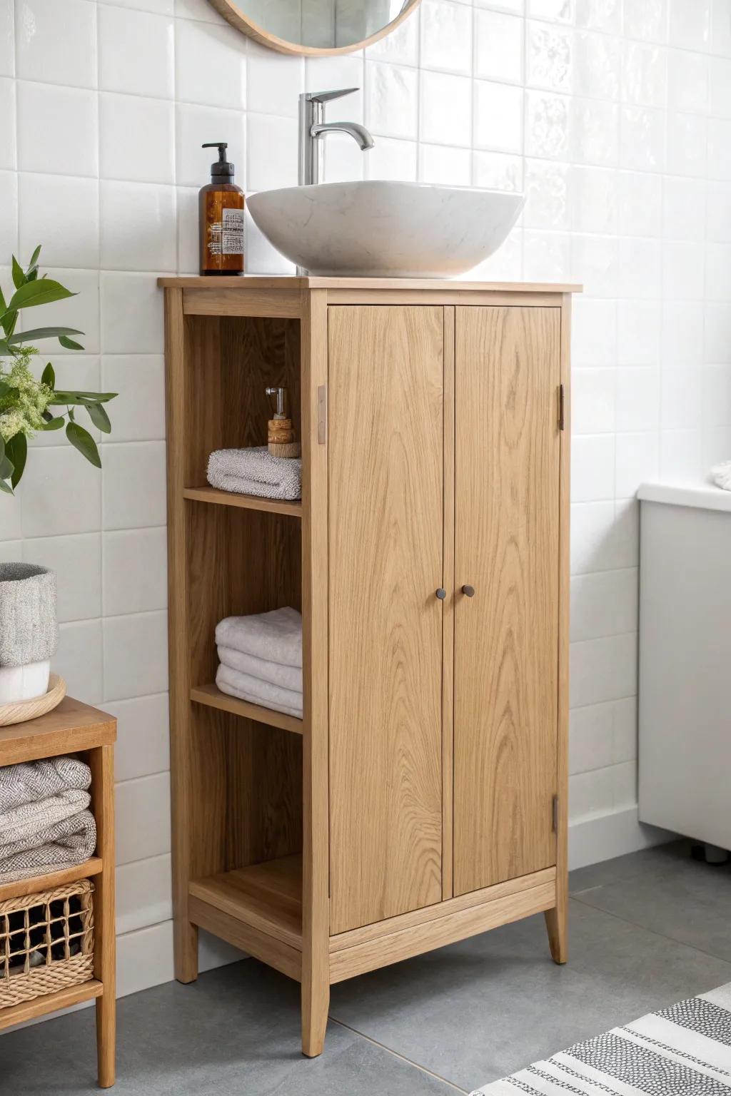 Tall, slim oak side cabinet beside a pedestal sink—simple storage with crafted style.