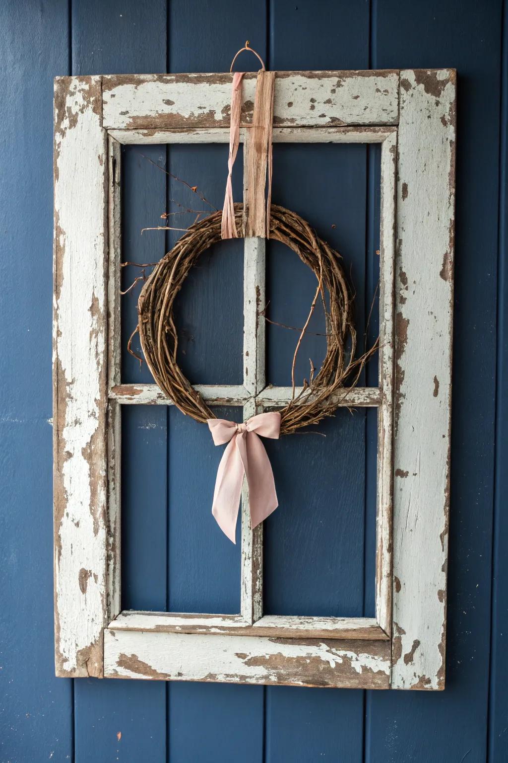 Chippy vintage window frame + twig wreath—simple, primitive charm with Scandinavian calm.