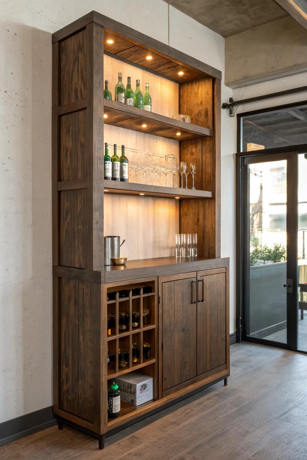 Dark walnut back bar shelving with warm glow—minimal, handcrafted, and pub-perfect.