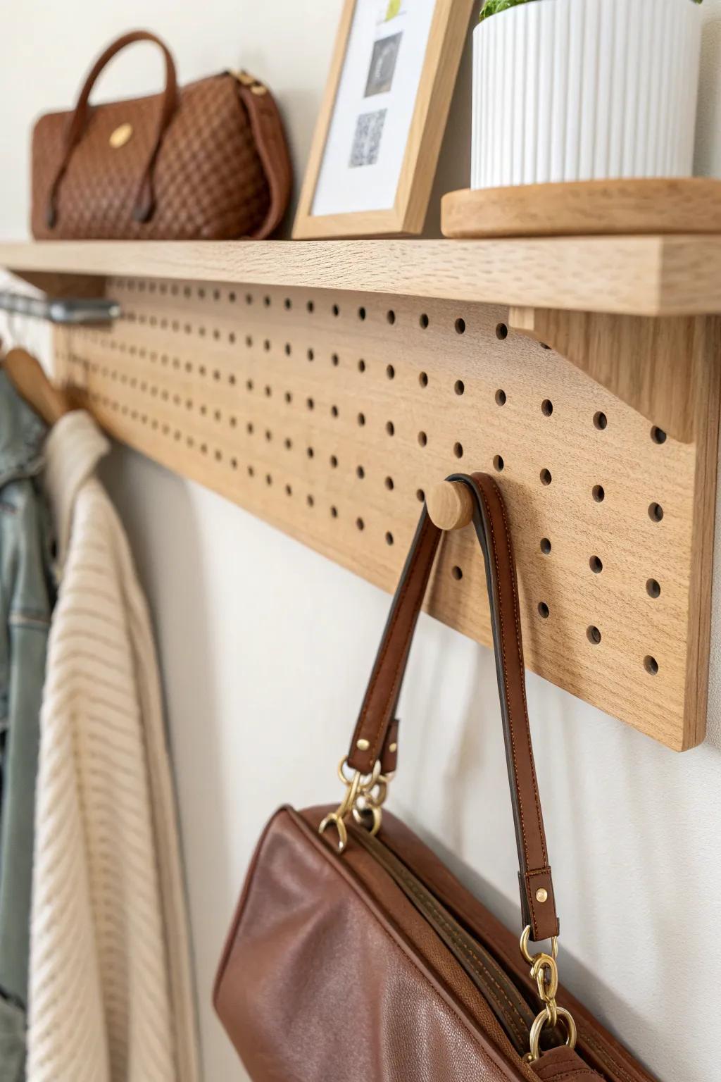 Adjustable shelf pins keep your purse shelf flexible—clean, sturdy, and beautifully minimal.