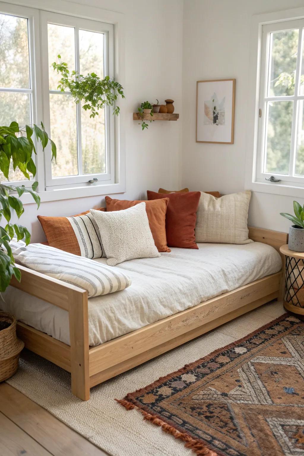 A queen daybed in the corner becomes a cozy sectional—layer pillows and let the oak rail shine.