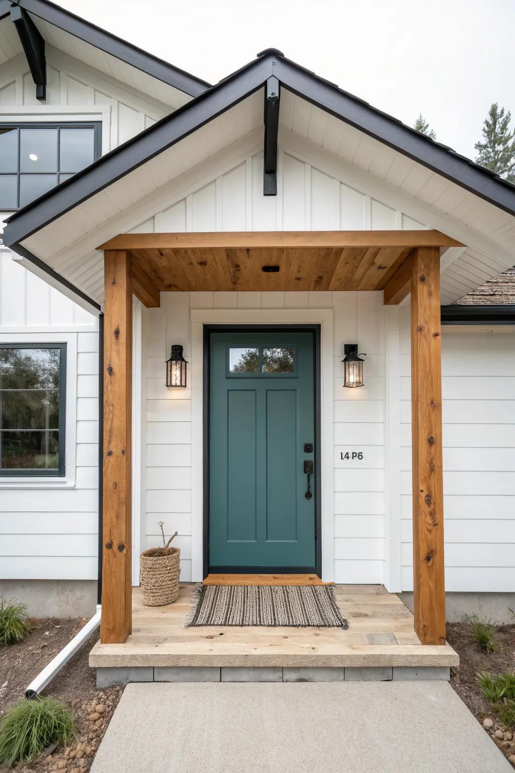 Add a simple entry gable + warm wood soffit for an instant ranch front-door moment.