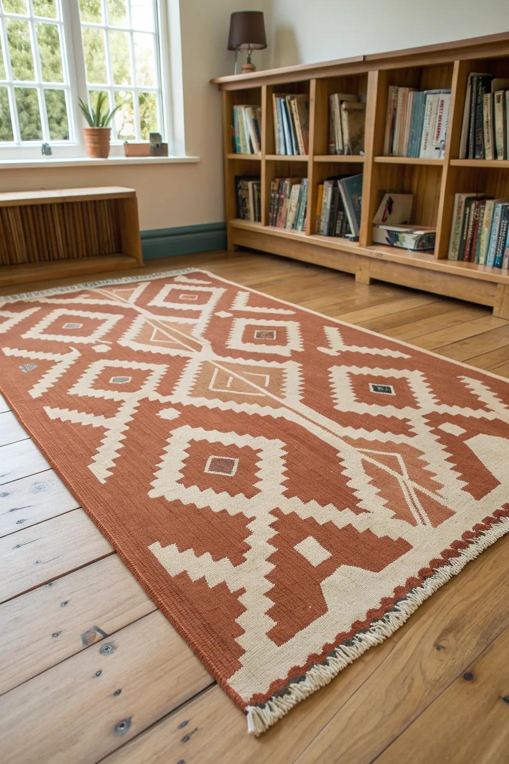 A bold woven rug defines the reading nook—align it with shelves for instant calm.