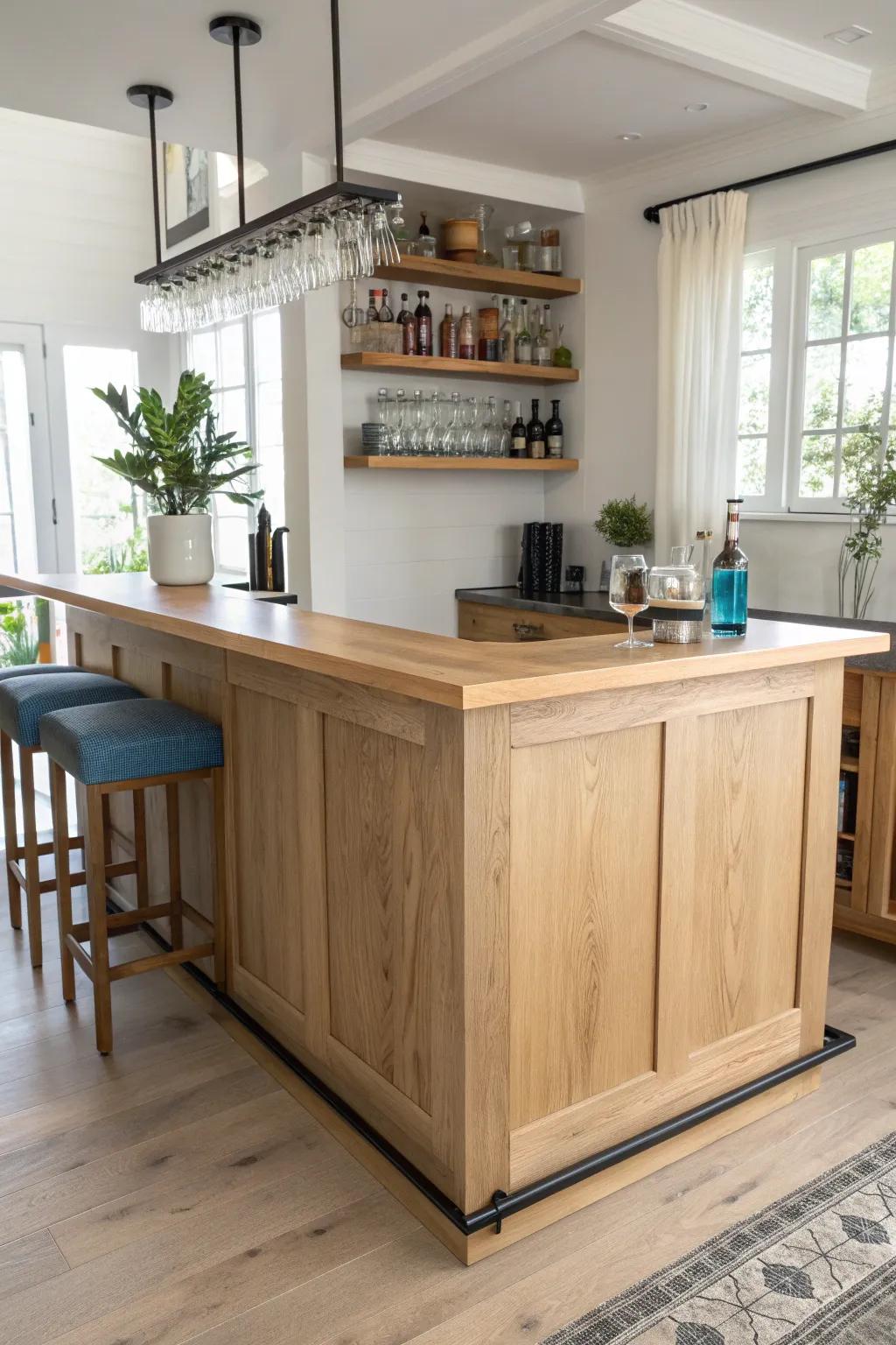An L-shaped rec room bar with a true bartender zone—sleek, handcrafted, and clutter-free.